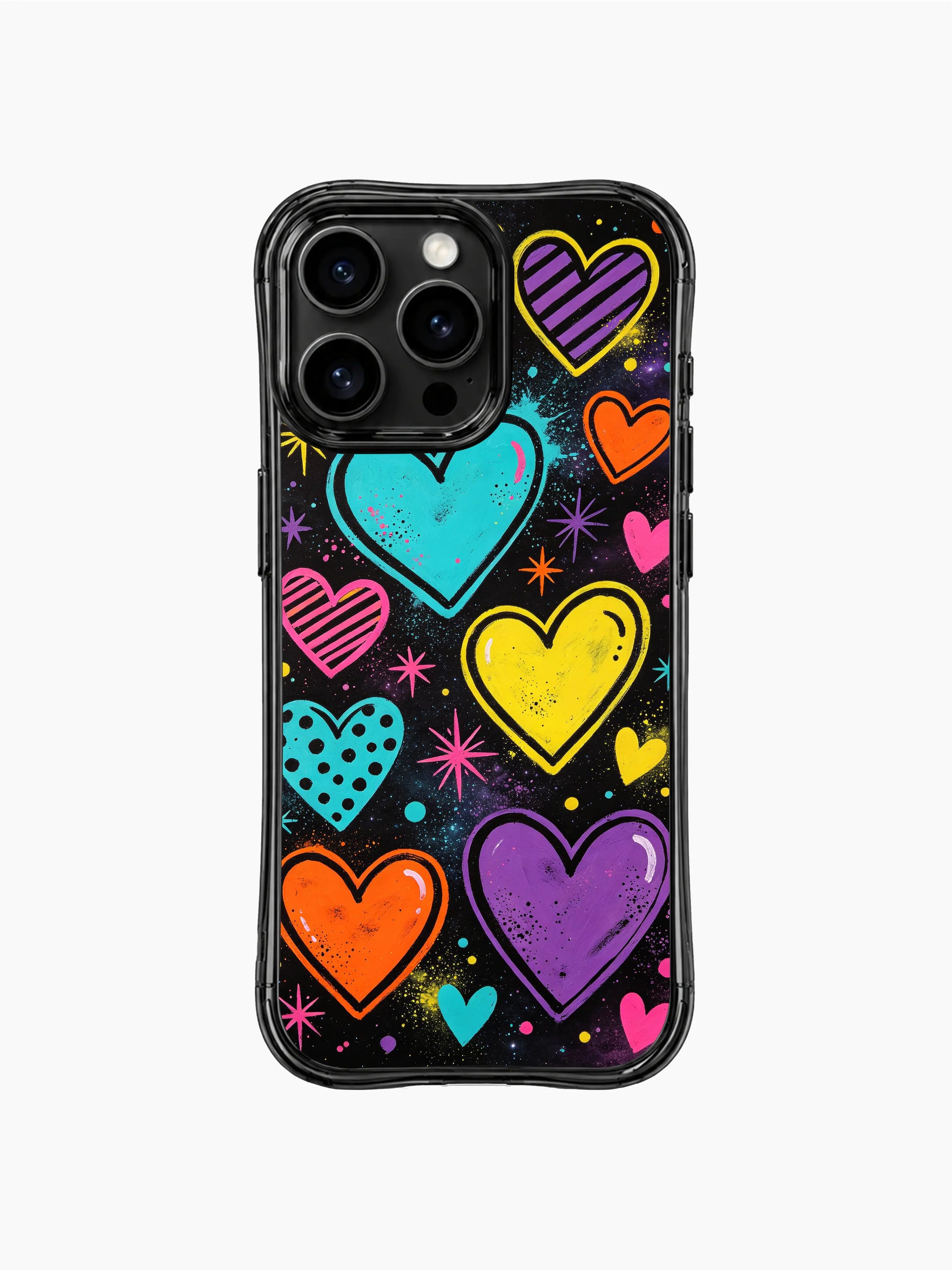 Unique PhoneCasing iPhone 13 Pro Max case for bold pop art lovers, Heart Pop Universe rough crayon heart galaxy, saturated neon rainbow layered hearts, dark grunge black backdrop