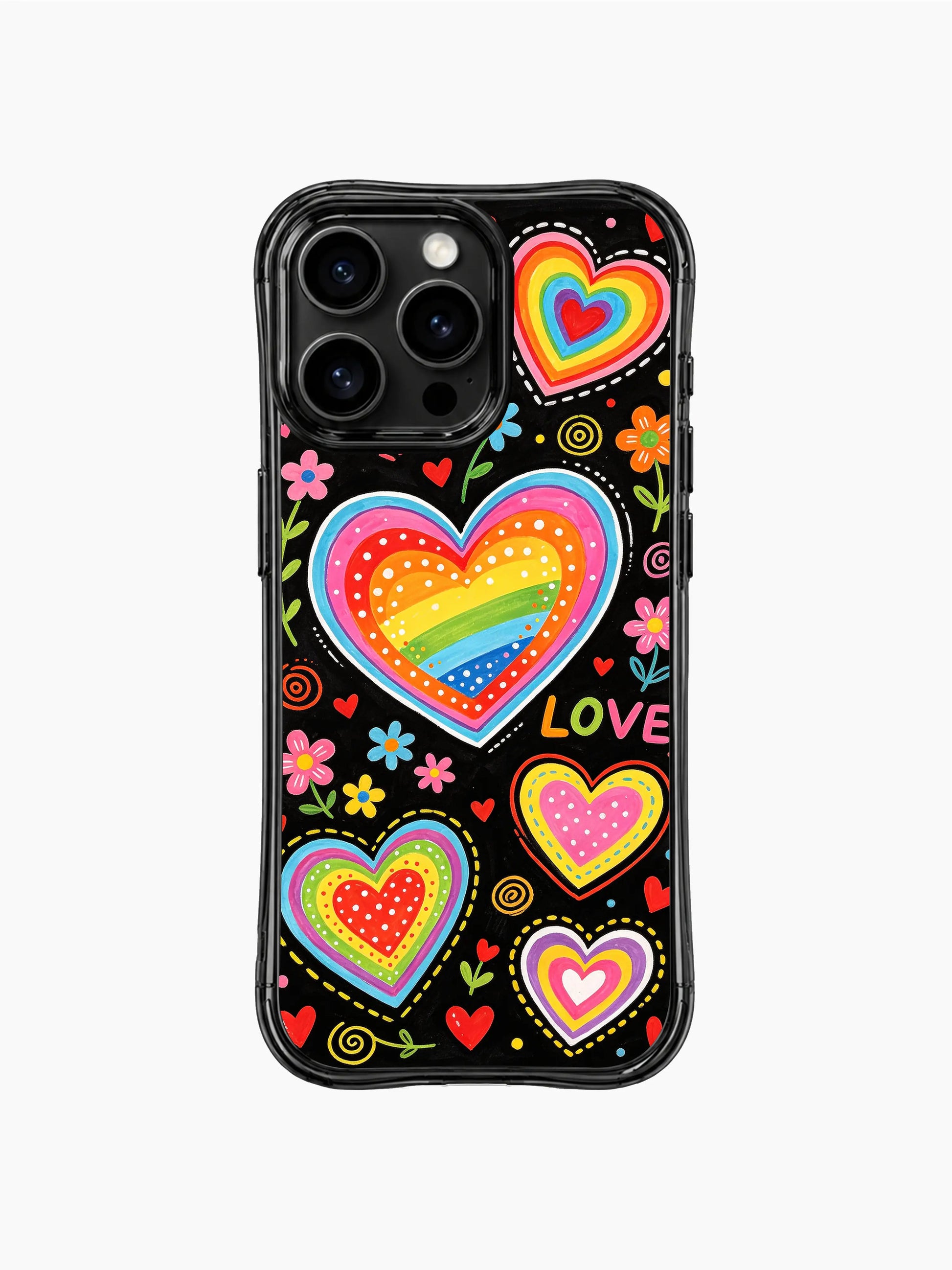 Unique PhoneCasing iPhone 13 Pro Max case for sweet cartoon style lovers, layered candy heart crayon doodles, bright multicolor dot/stripe interior, dark grunge black backdrop