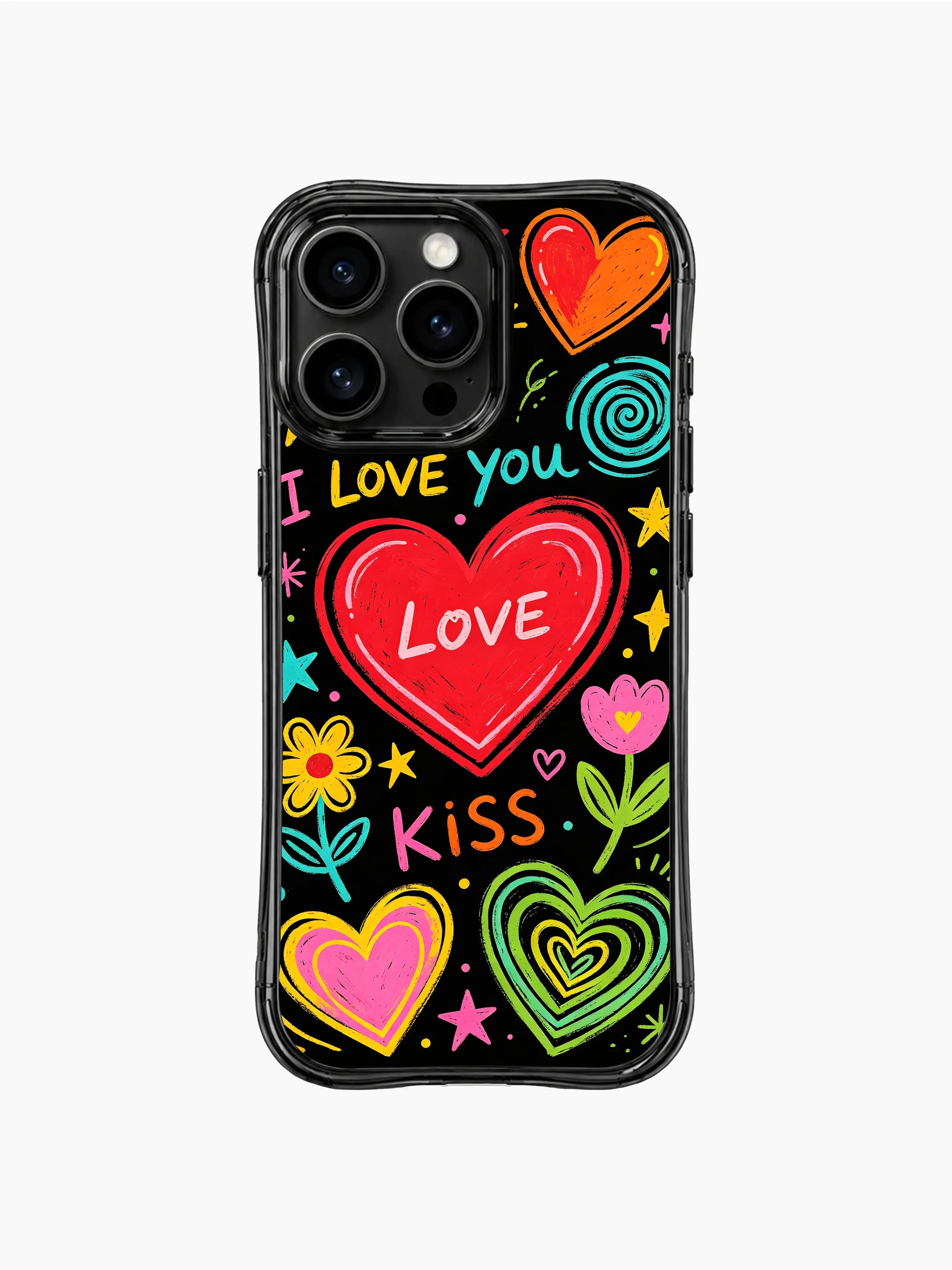 Unique PhoneCasing iPhone 13 Pro Max case for cute cartoon doodle lovers, youthful love chalk crayon poster, gradient colorful hearts, smiley flower and star burst details, dark grunge black backdrop