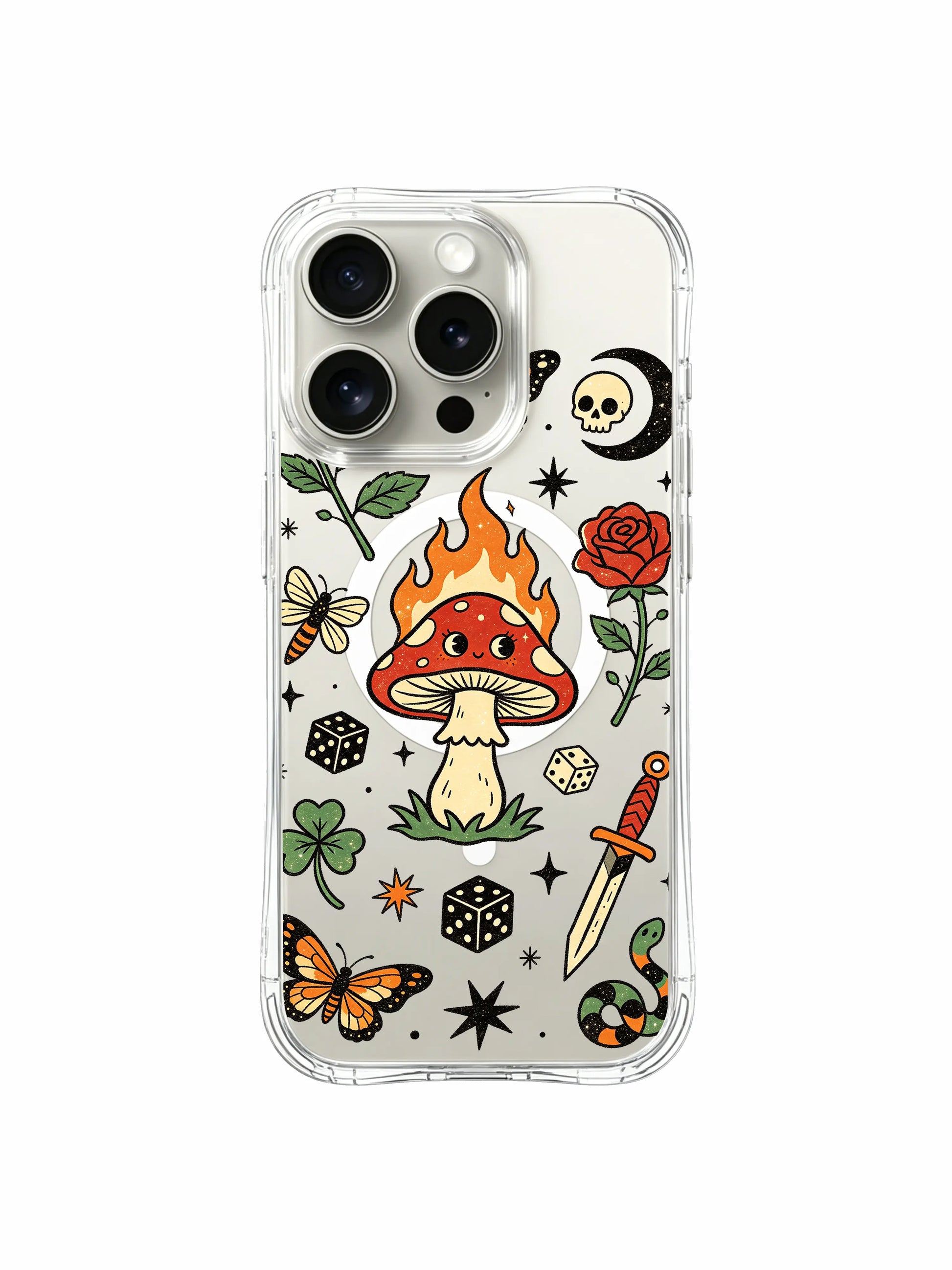 PhoneCasing iPhone 15 pro Case rounded cartoon flame border on mushroom, sparsely distributed stars, single rose and triple clover, limited-run artist-designed clear protective iPhone 15 pro casing.