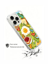 Cartoon fried egg and dinosaur artwork on an iPhone 16 Pro case