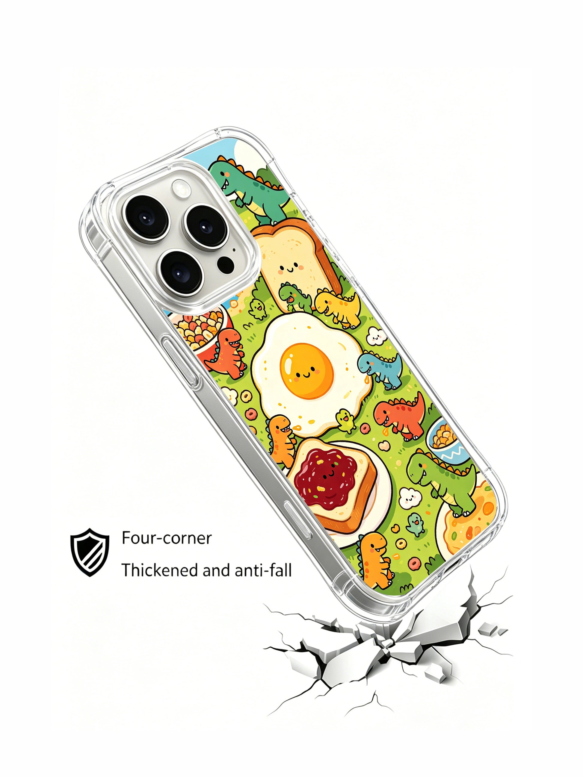 PhoneCasing iPhone 16 Plus Case with cartoon fried egg and dinosaur illustration, exclusive Milo Yun design, California-crafted premium phone cover.
