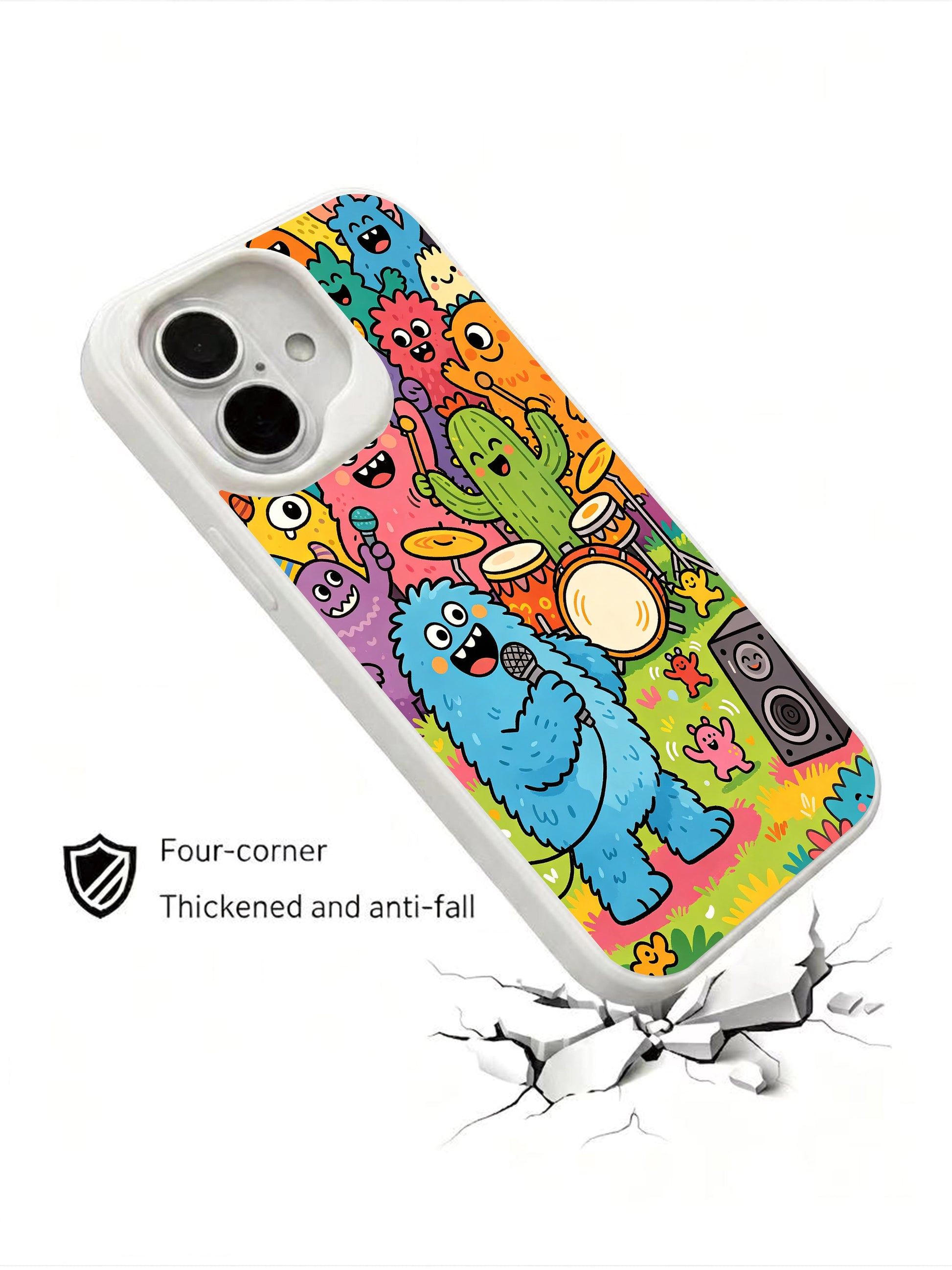 PhoneCasing cartoon grassland festival iPhone 16 Plus Case, wearable fine art from Milo Yun’s original fantasy collection.
