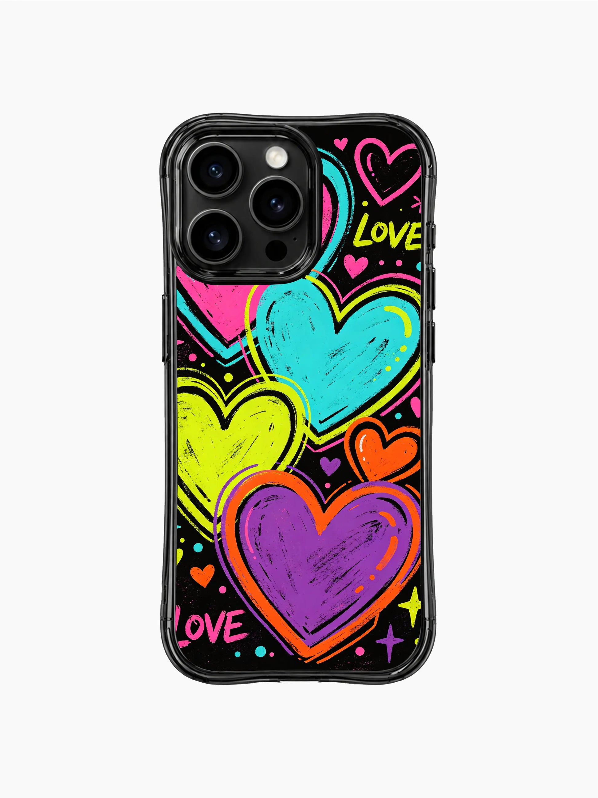 Unique PhoneCasing iPhone 13 Pro Max case for bold self-expression pop art lovers, Loud Love Energy rough crayon bouncing heart galaxy, saturated neon rainbow layered hearts, dark grunge black backdrop