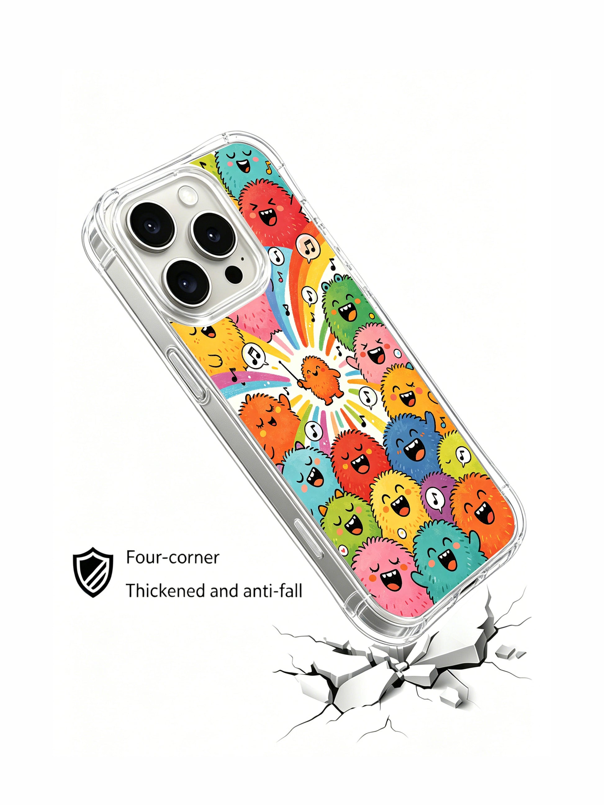 PhoneCasing iPhone 16 Pro Case with cartoon music monster and rainbow illustration, exclusive Milo Yun design, California-crafted premium phone cover.