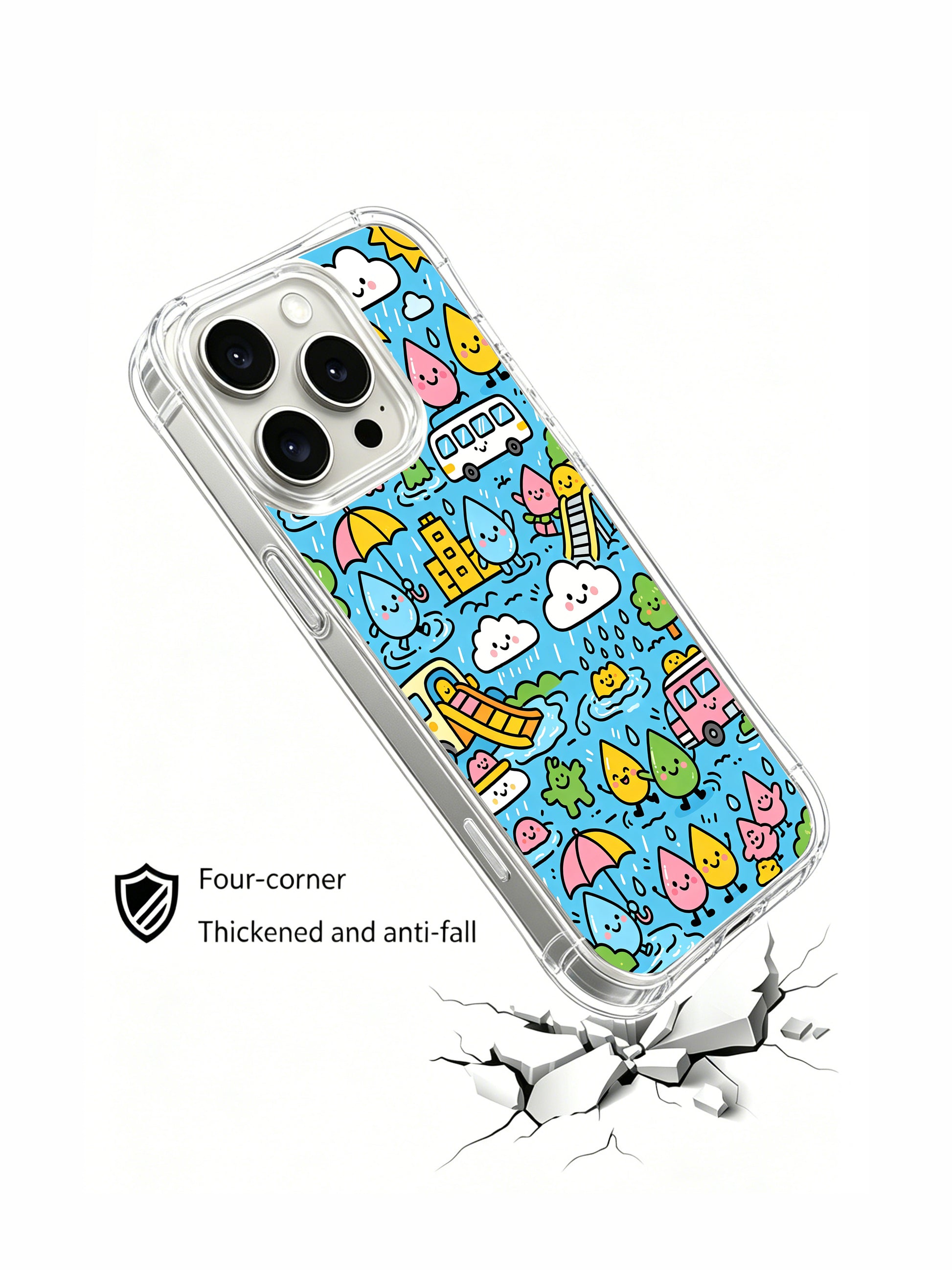 PhoneCasing iPhone 16 Pro Case with cartoon raindrop and city illustration, exclusive Milo Yun design, California-crafted premium phone cover.