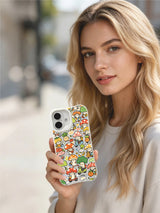 Cartoon town-life artwork on an iPhone 16 Plus case