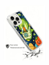 Cartoon vegetable space-crew artwork on an iPhone 16 Pro case