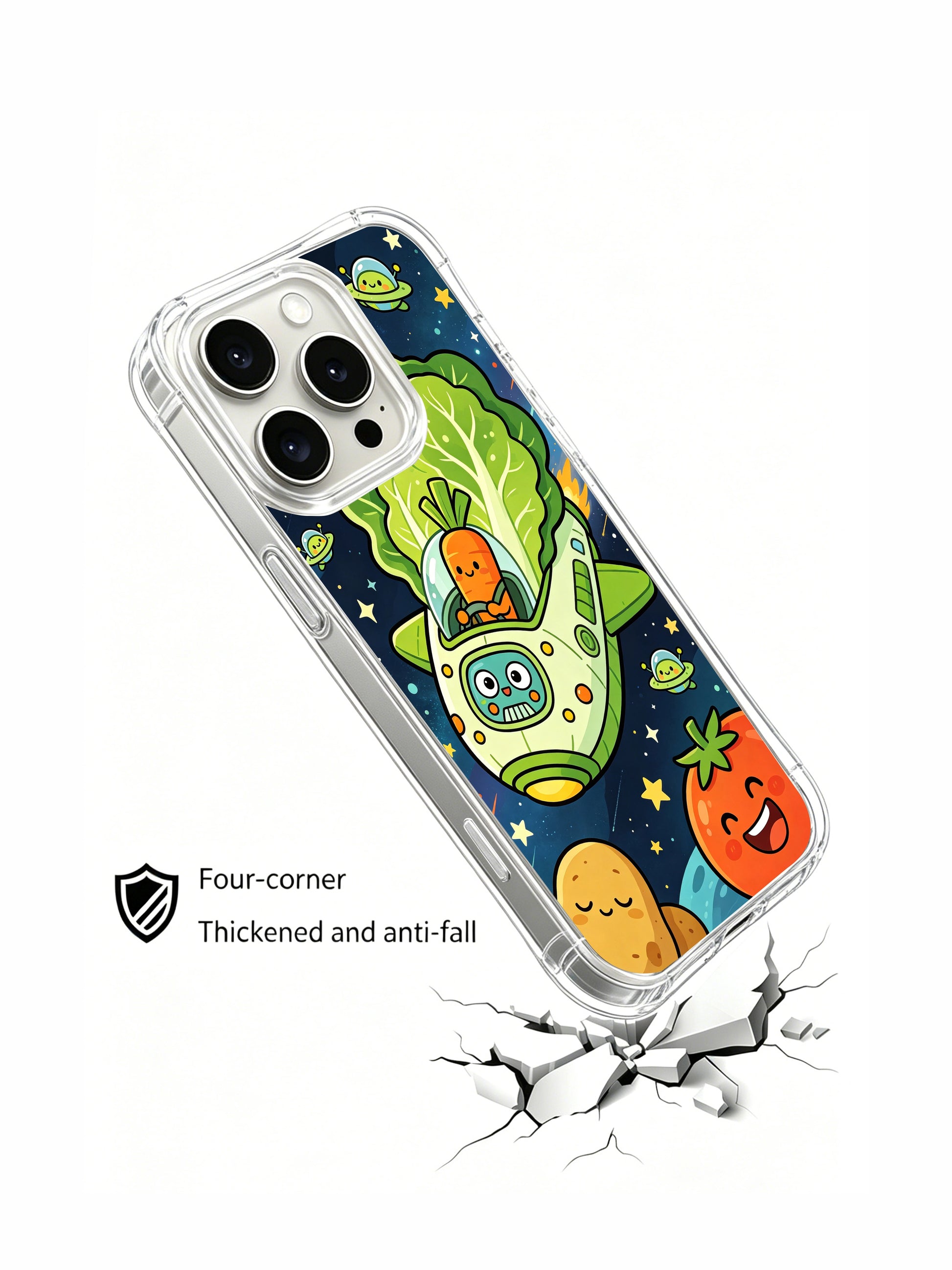 PhoneCasing iPhone 16 Pro Case with cartoon vegetable space crew illustration, exclusive Milo Yun design, California-crafted premium phone cover.