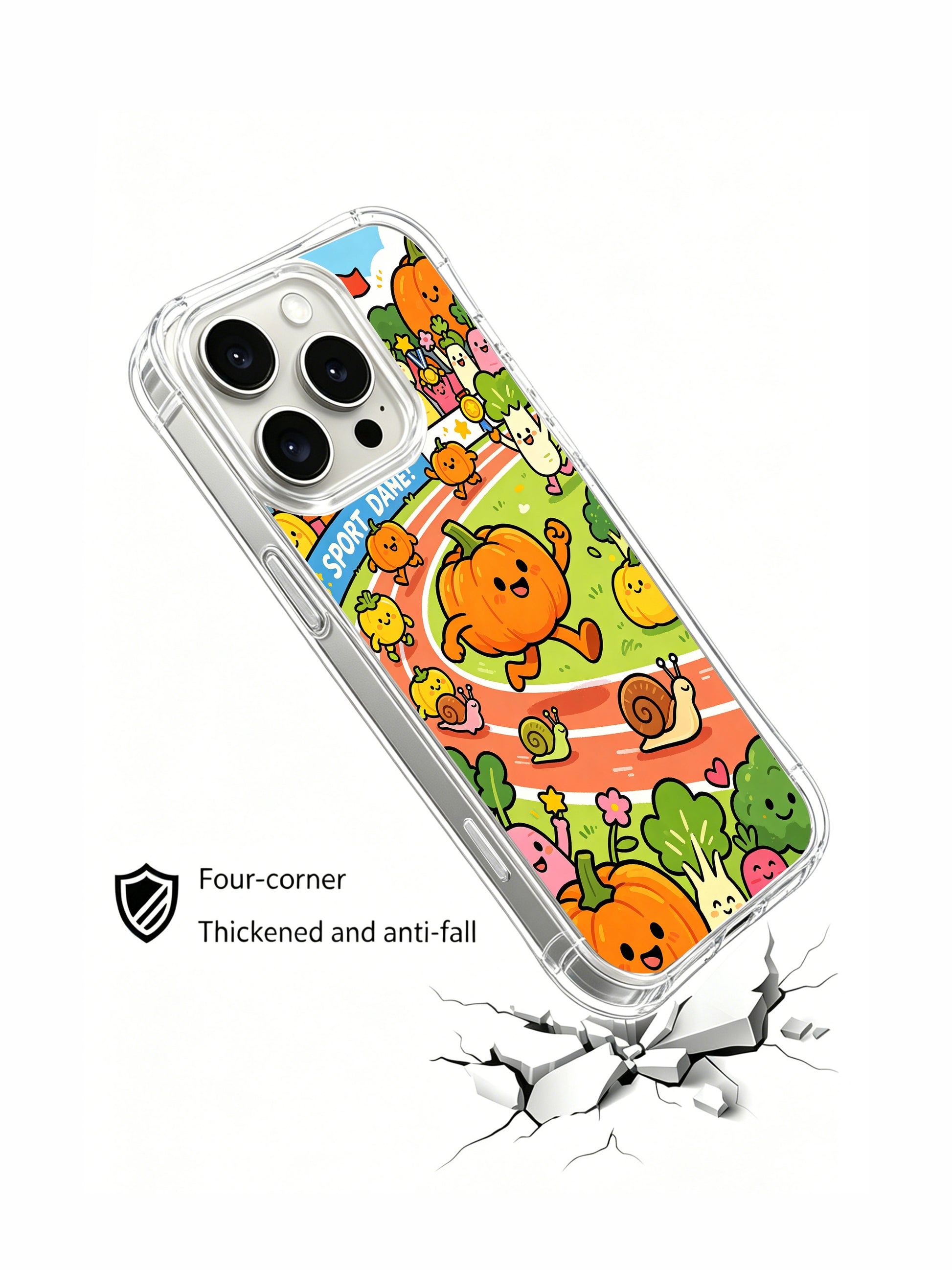 PhoneCasing iPhone 16 pro Case with cartoon vegetable sports day illustration, exclusive Milo Yun design, California-crafted premium phone cover.
