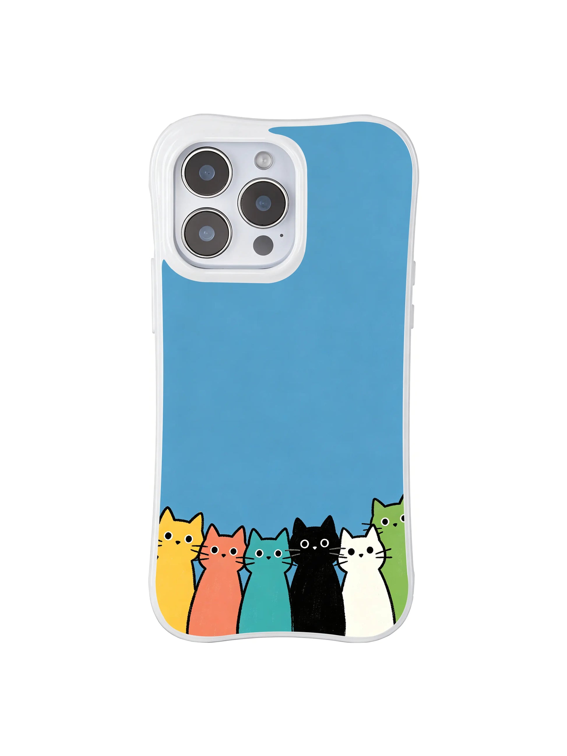 PhoneCasing iPhone 16 Pro Max featuring Casual Cat Lineup Blue, kitties of different heights standing together in a relaxed queue.