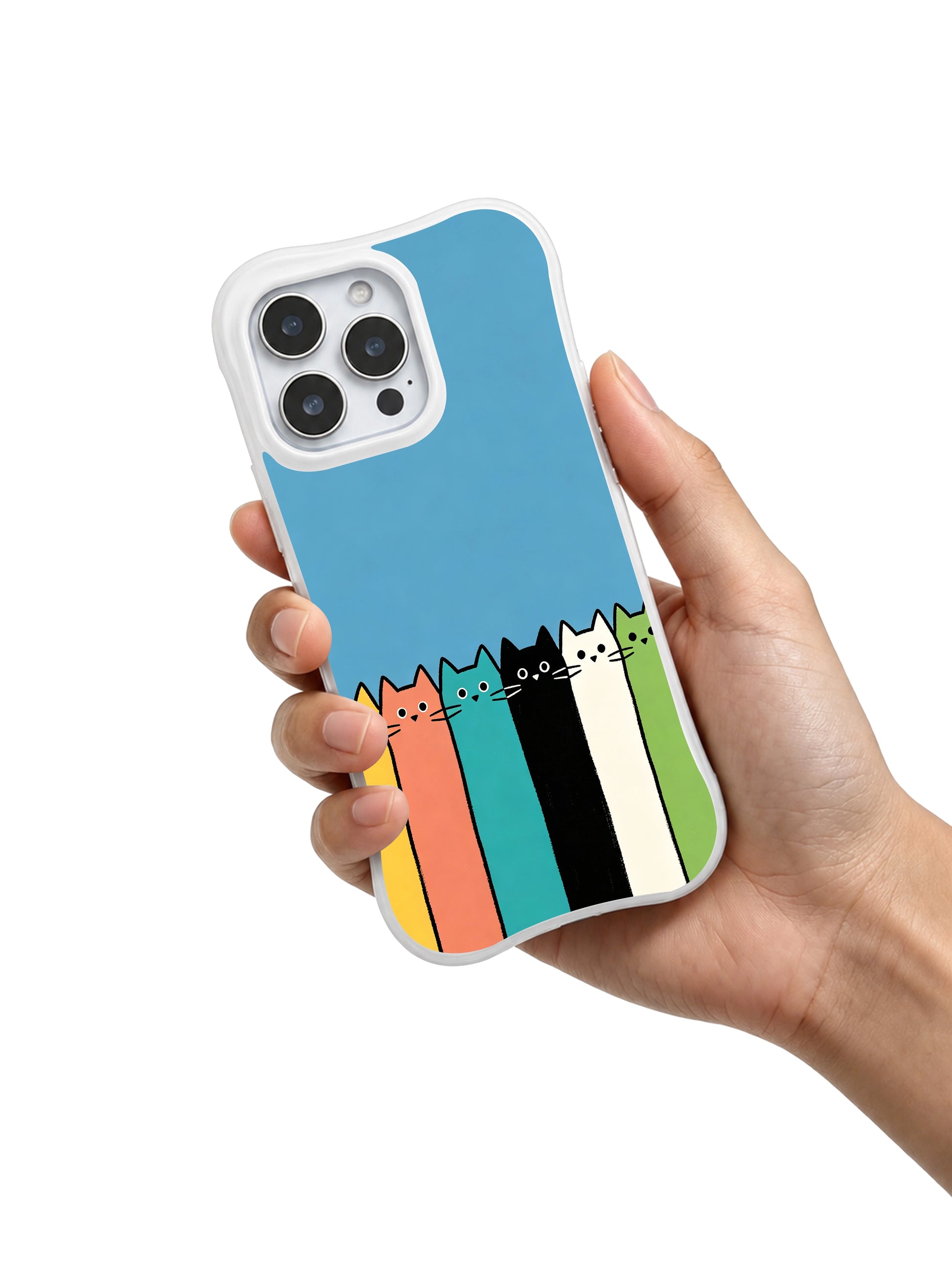 PhoneCasing iPhone 16 Pro Max featuring Casual Feline Queue, playful kitties forming an imperfect line in minimalist block art.