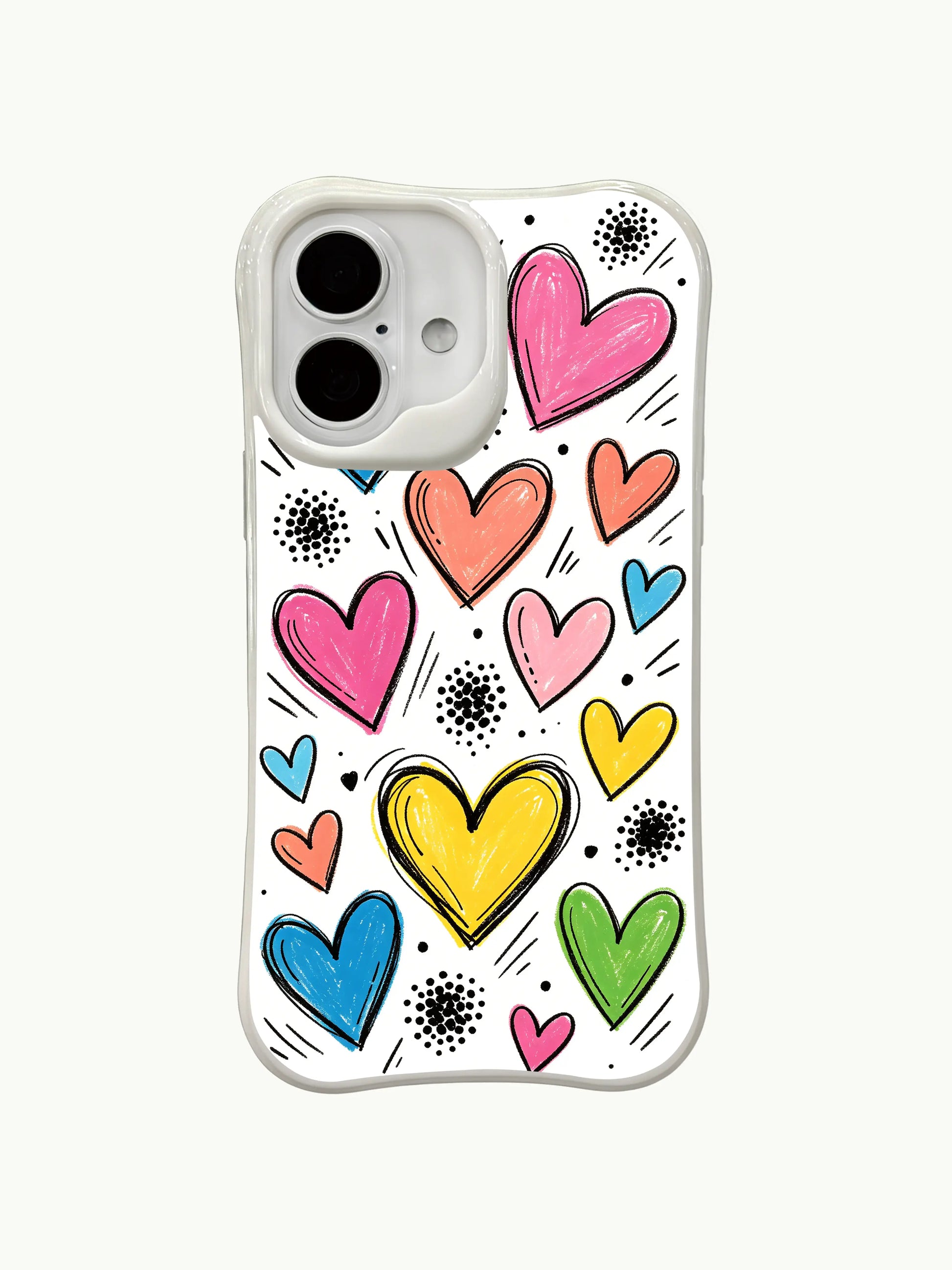 PhoneCasing casual joy hearts iPhone 16 plus case, spontaneous pen-drawn hearts that express uncomplicated happiness, antimicrobial coating.