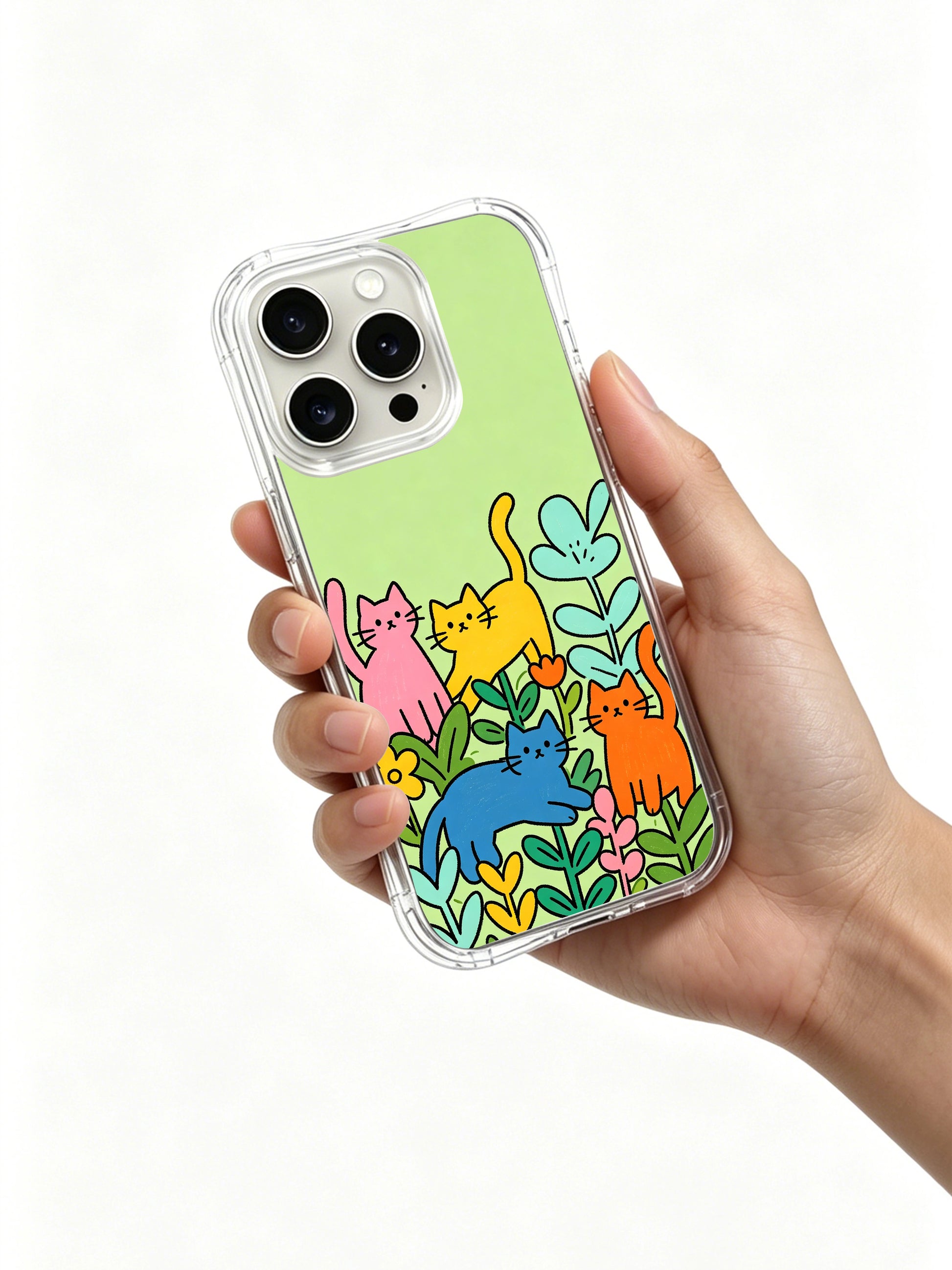 PhoneCasing iPhone 16 pro max MagSafe case with colorful cats arranged like a flower bed, a cute and whimsical design.