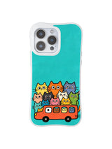 PhoneCasing iPhone 16 pro max case featuring whimsical cats on a colorful bus, a joyful art piece by Mimi Colorfield.