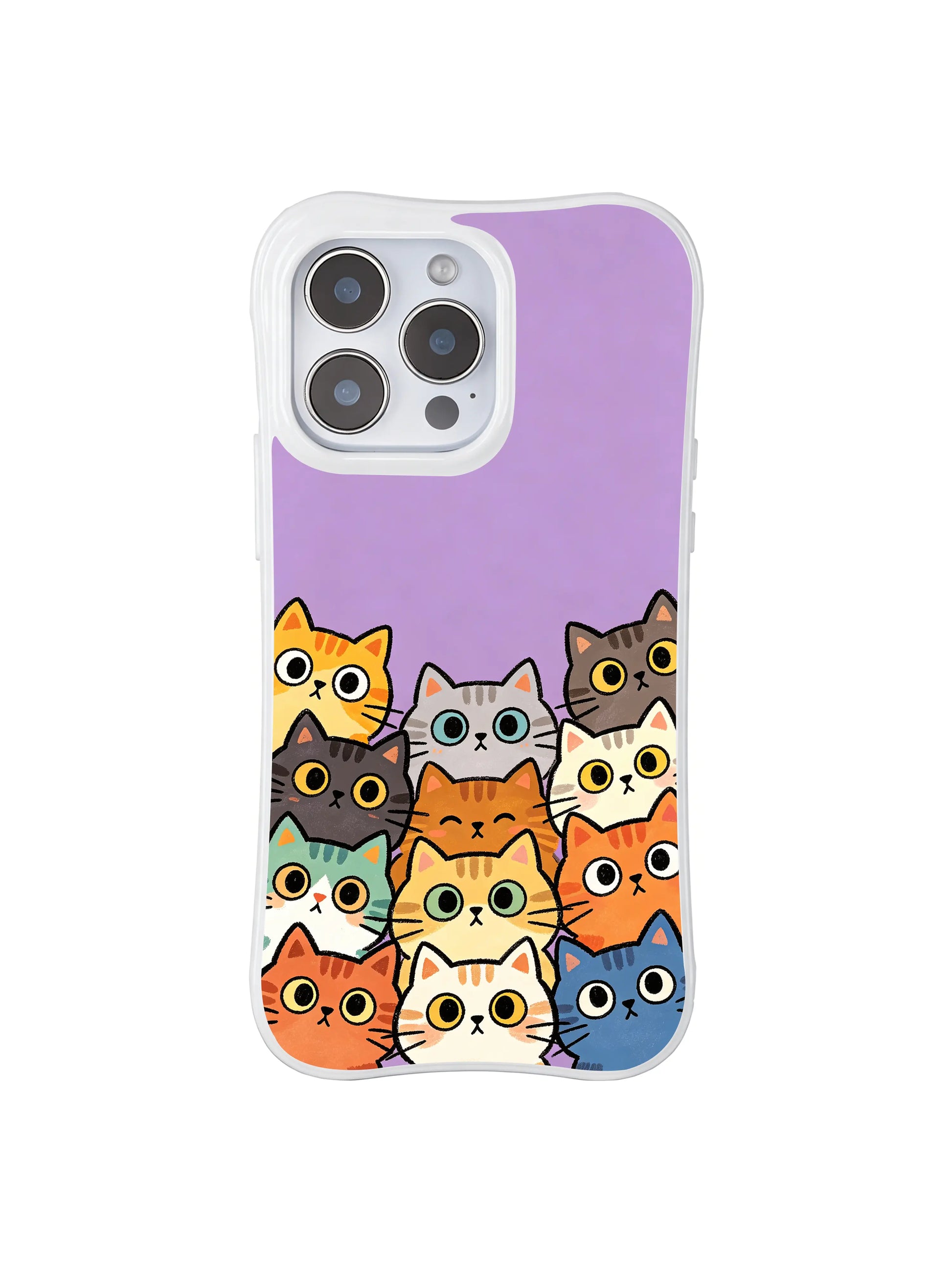 PhoneCasing iPhone 16 pro max case featuring a playful crowd of colorful cats peeking over a purple background, whimsical art by Mimi Colorfield.
