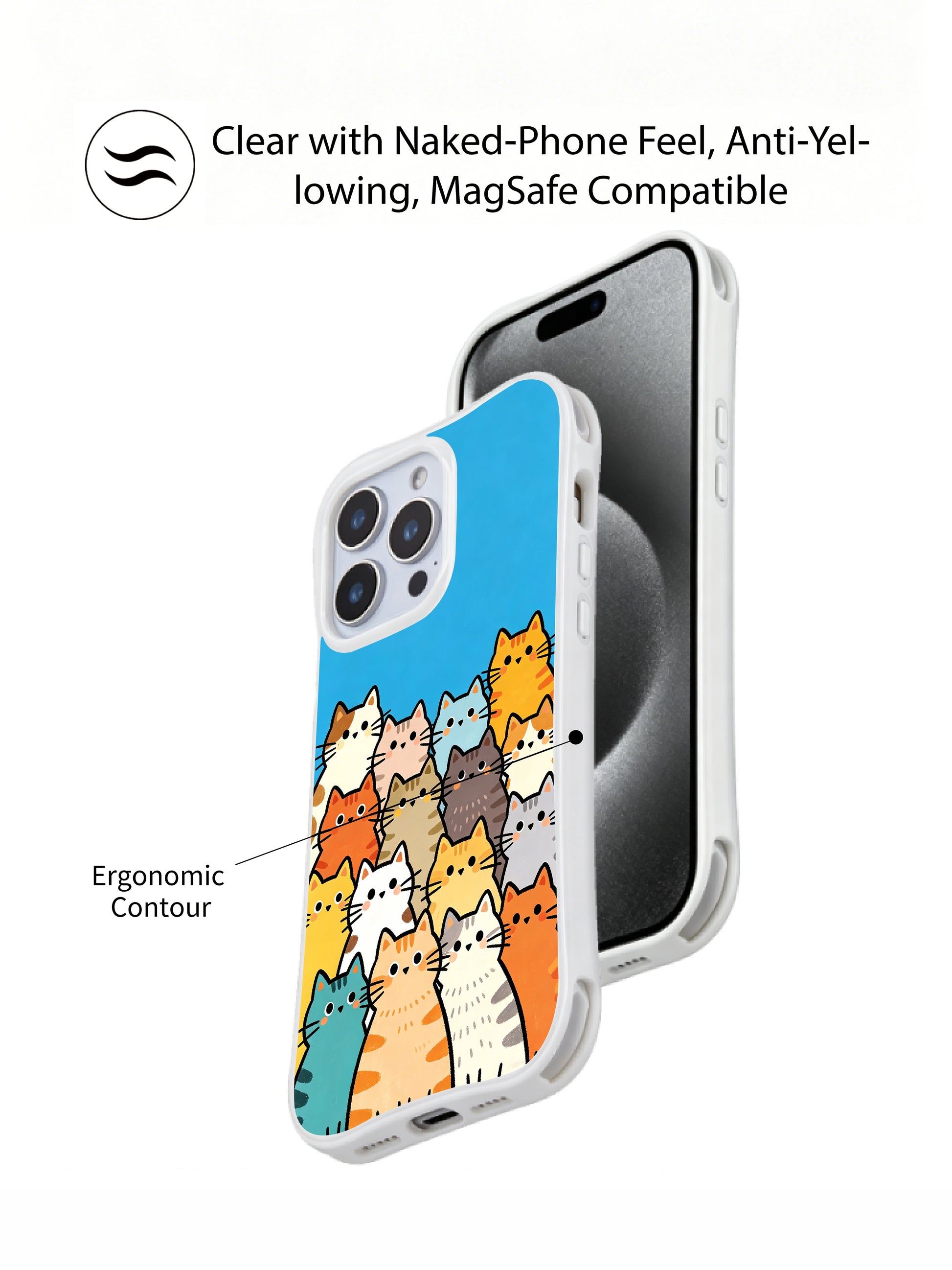 PhoneCasing iPhone 16 pro max scratch-resistant case with a whimsical "class photo" of happy cats, great for cat lovers who love fun designs.