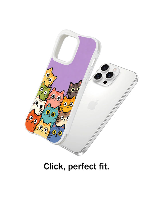 PhoneCasing iPhone 16 pro max protective case with a whimsical illustration of cats peeking over a purple background.