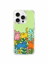 PhoneCasing iPhone 16 pro max MagSafe case featuring a whimsical "cat garden" design, colorful cats growing like flowers on a soft green background.