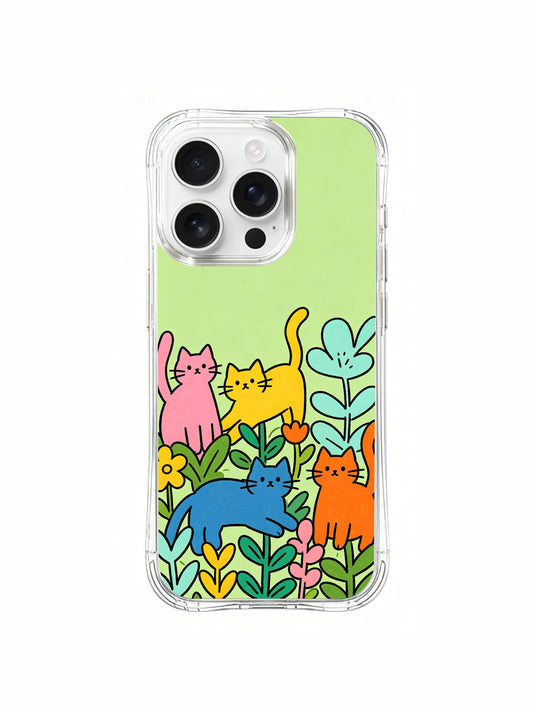 PhoneCasing iPhone 16 pro max MagSafe case featuring a whimsical "cat garden" design, colorful cats growing like flowers on a soft green background.