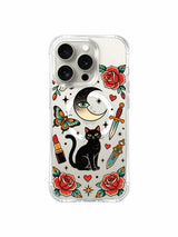 Right-facing black cat with roses and lipstick dagger artwork on an iPhone 15 Pro case