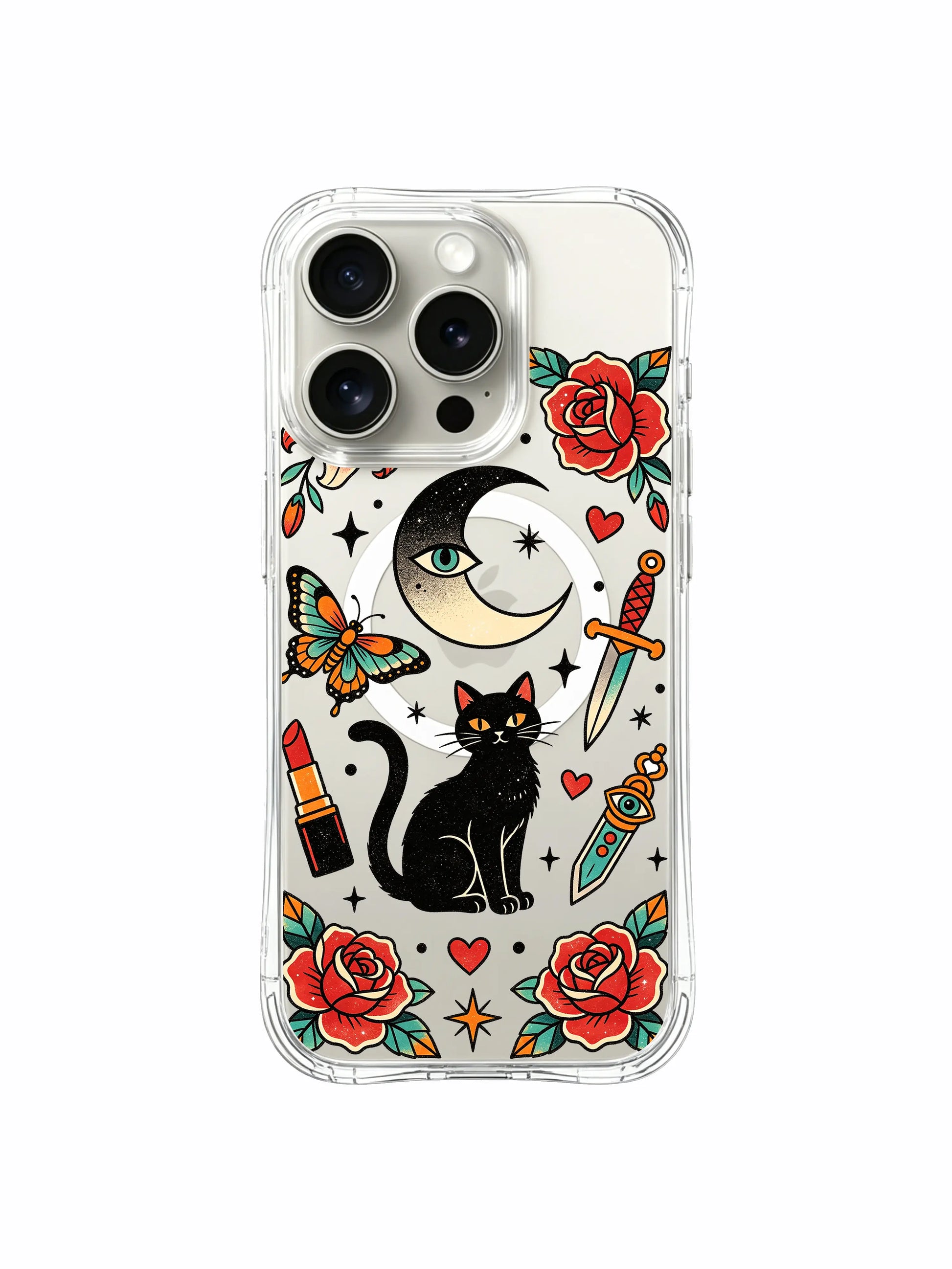 PhoneCasing iPhone 15 pro Case right-profile seated black cat, dual oversized roses, right-side lipstick dagger and scattered heart stars, trendy fashion art iPhone 15 pro casing for female shoppers.