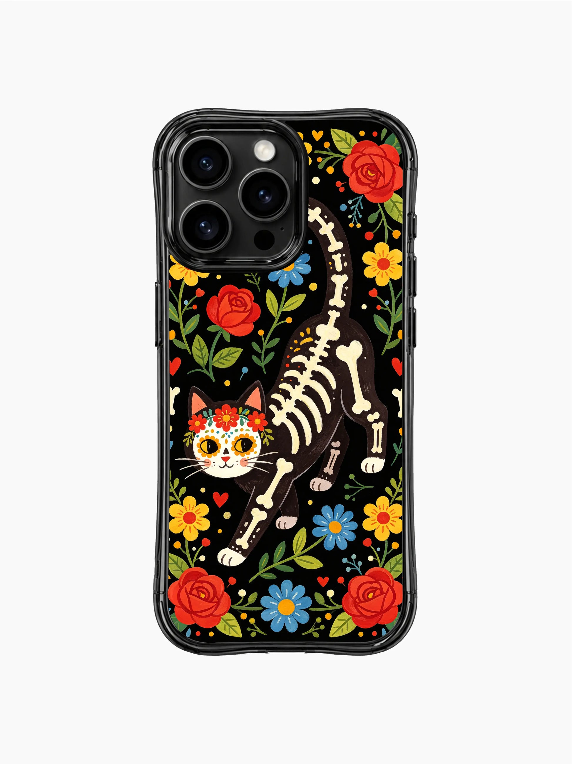 PhoneCasing iPhone 16 pro max Case featuring a floral skeleton cat with curled tail surrounded by red roses and folk blooms, Día de los Muertos folk art by Estrella Nocturna, durable anti-drop iPhone 16 pro max casing.