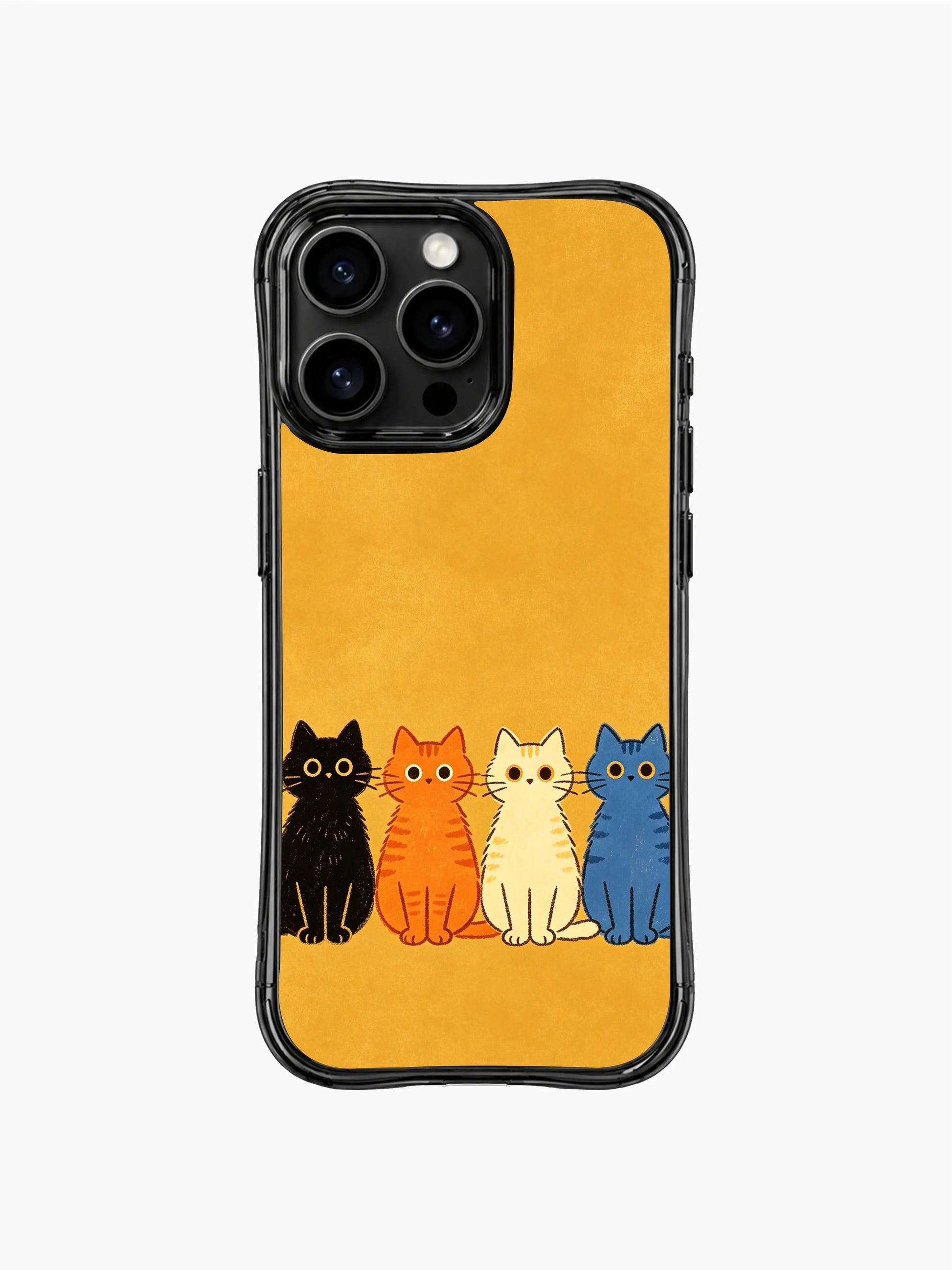 PhoneCasing iPhone 16 pro max case featuring colorful cats peeking over a golden background, whimsical art by Mimi Colorfield.