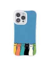 PhoneCasing iPhone 16 Pro Max with Cats in Waiting Blue Wall design, playful kitties queuing for a gentle start on a bright blue backdrop.