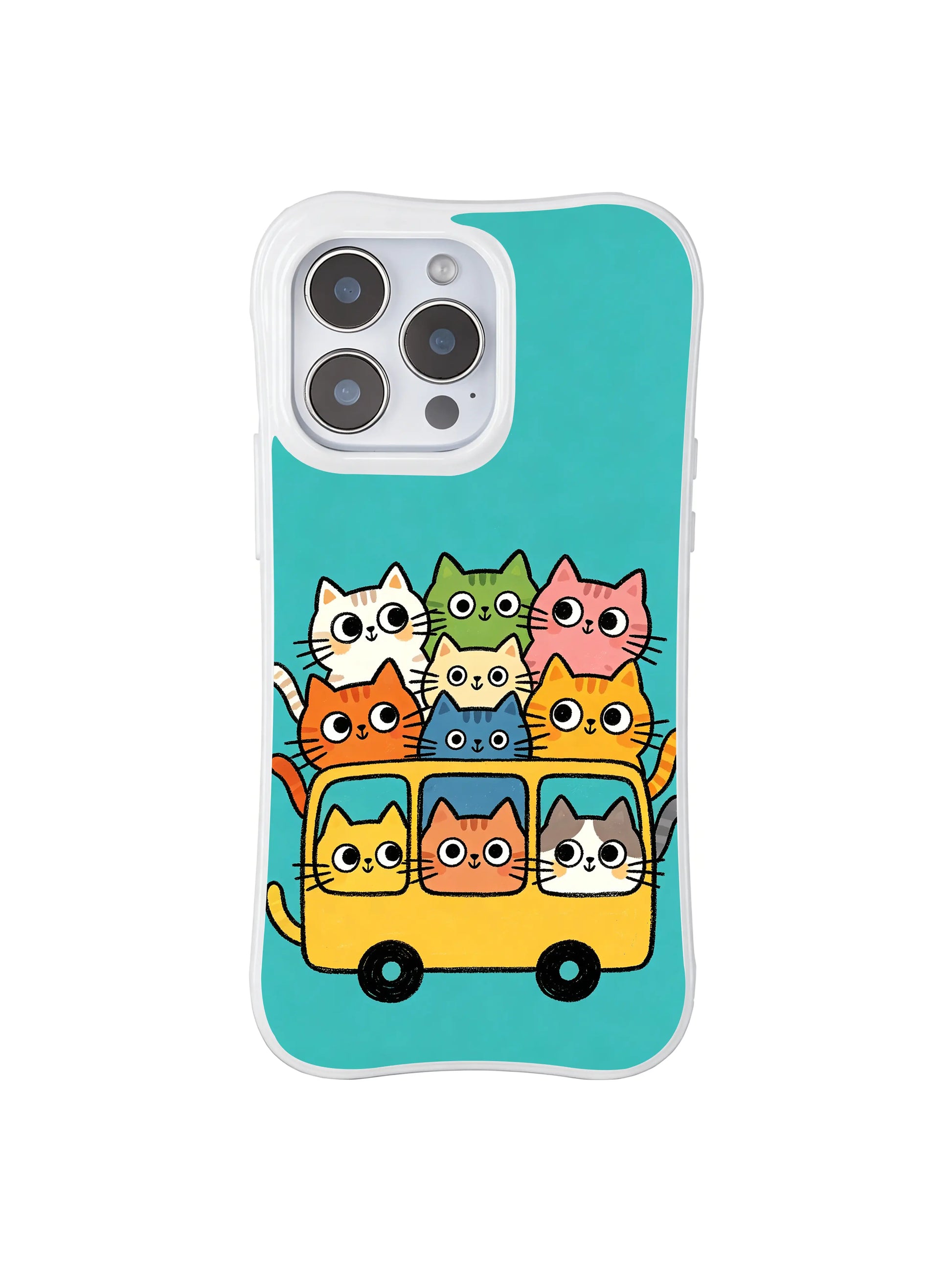 PhoneCasing iPhone 16 pro max MagSafe case showing cute cats crowded on a bright bus against a teal background.