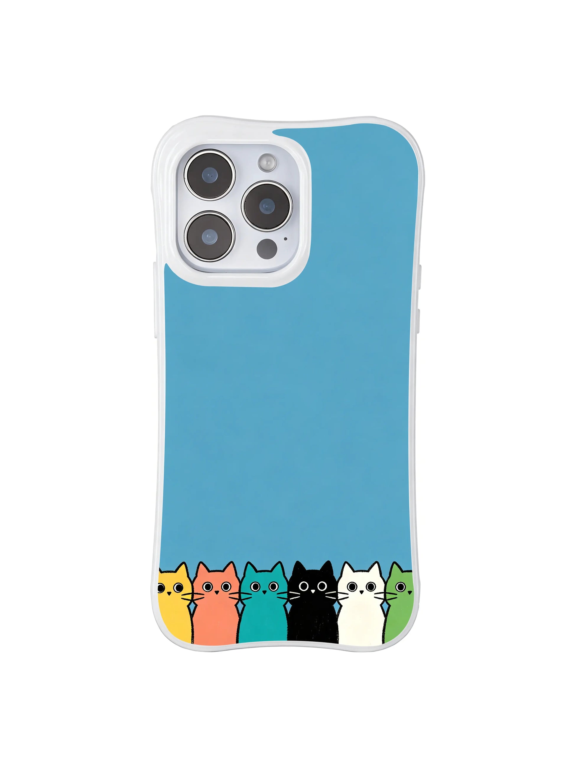 PhoneCasing iPhone 16 Pro Max featuring Cats Waiting in Line, whimsical multicolored felines queuing against a serene blue backdrop.
