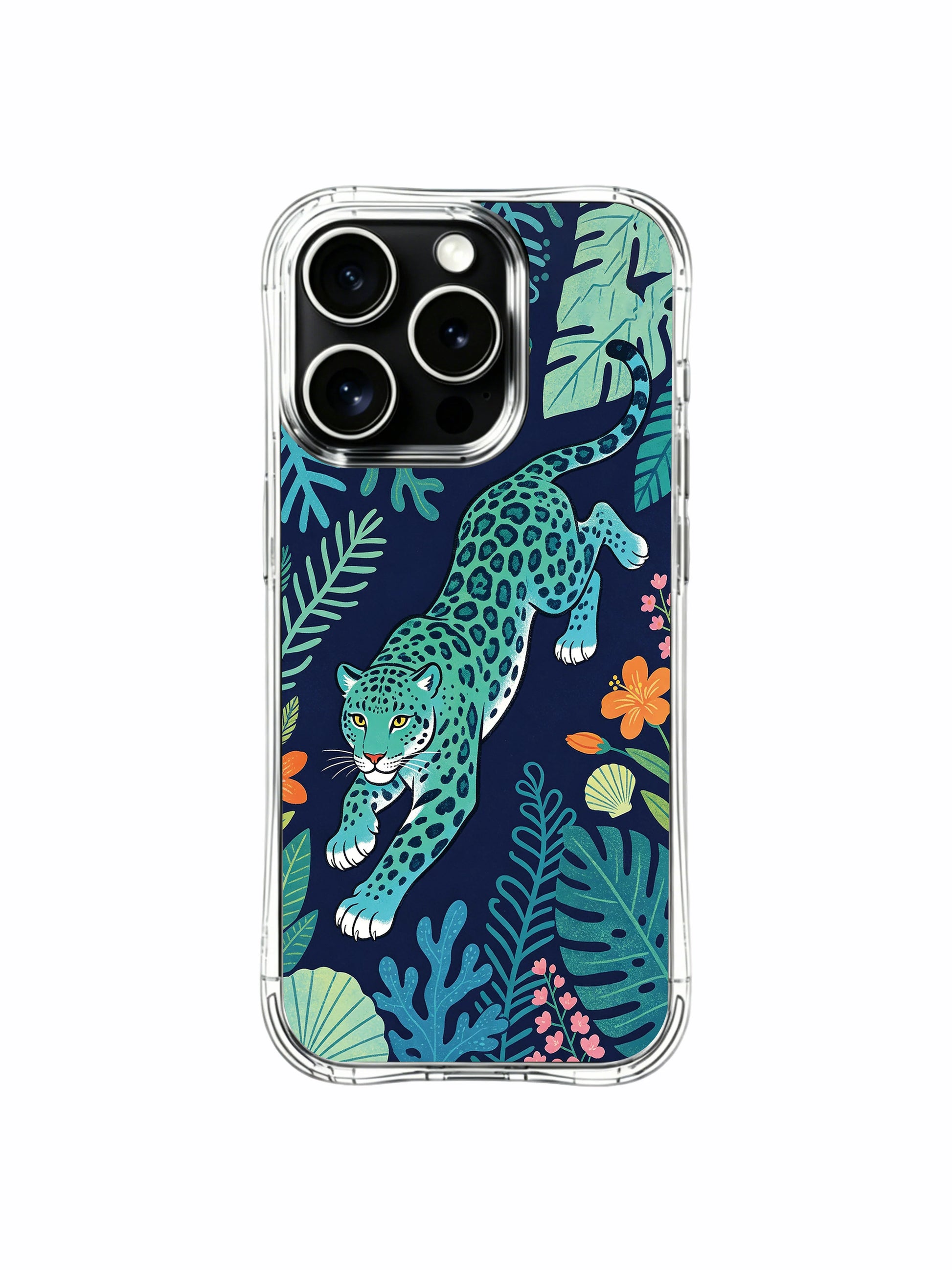 Center-focused free-gliding cyan jaguar navigating wind-sway sea foliage of a hidden coastal ocean jungle iPhone 13 pro Case from PhoneCasing, reinforced drop-proof iPhone 13 pro casing wrapped around varied sea fern leaves, freedom-inspired statement art phone cover.