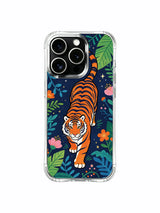 Center-focused firm-gaze prowling star-night tiger artwork iPhone 13 pro Case from PhoneCasing, reinforced drop-proof iPhone 13 pro casing wrapped around varied tropical leaves, courage-inspired statement art phone cover.