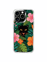 Central panther face framed by hibiscus artwork on an iPhone 13 Pro case