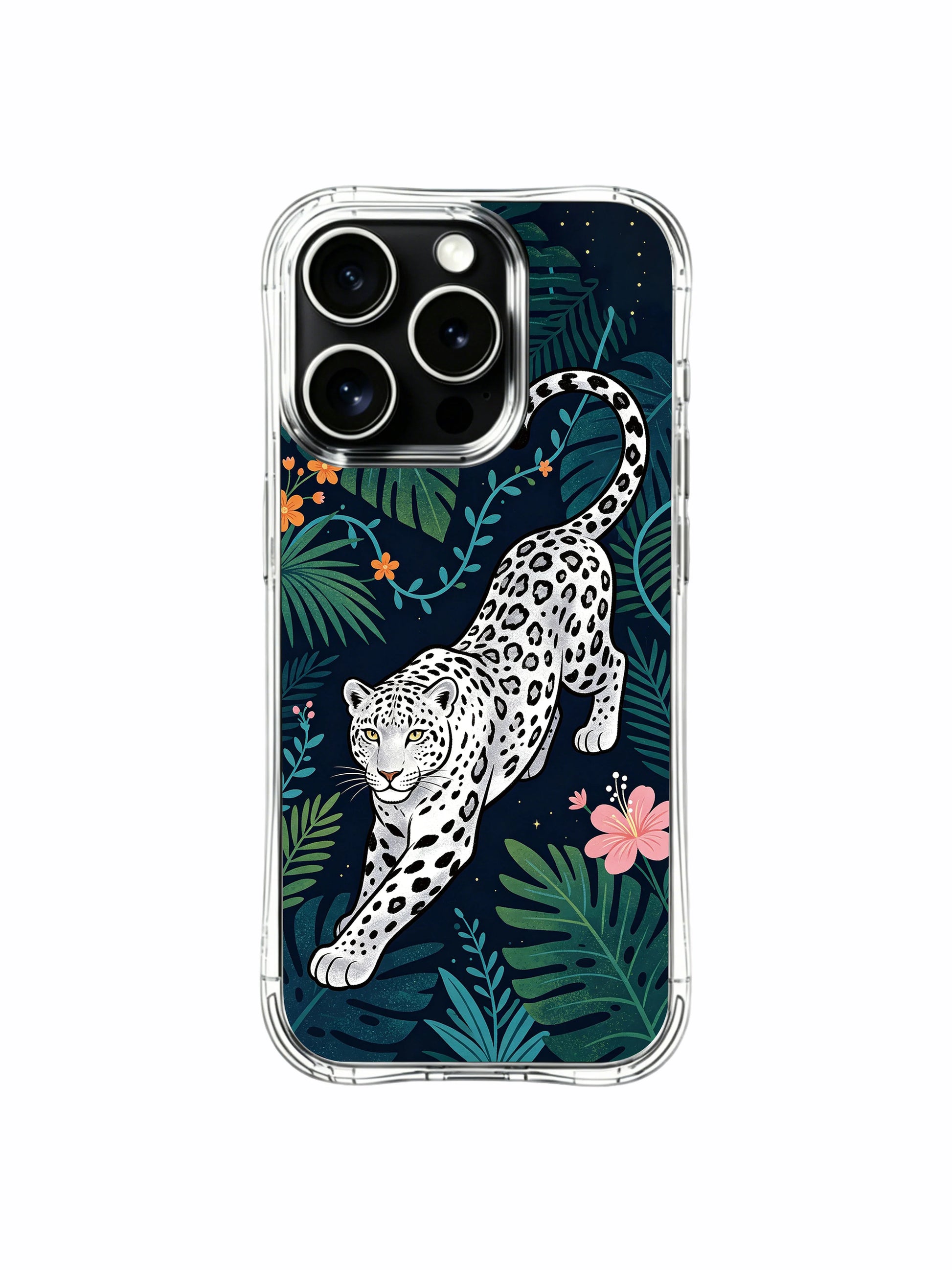 Center-focused prowling moonlight silver leopard artwork iPhone 13 pro Case from PhoneCasing, reinforced anti-drop transparent iPhone 13 pro casing surrounded by layered tropical greenery, statement cold-style art phone cover.
