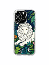 Central white-lion gaze among tropical foliage artwork on an iPhone 13 Pro case