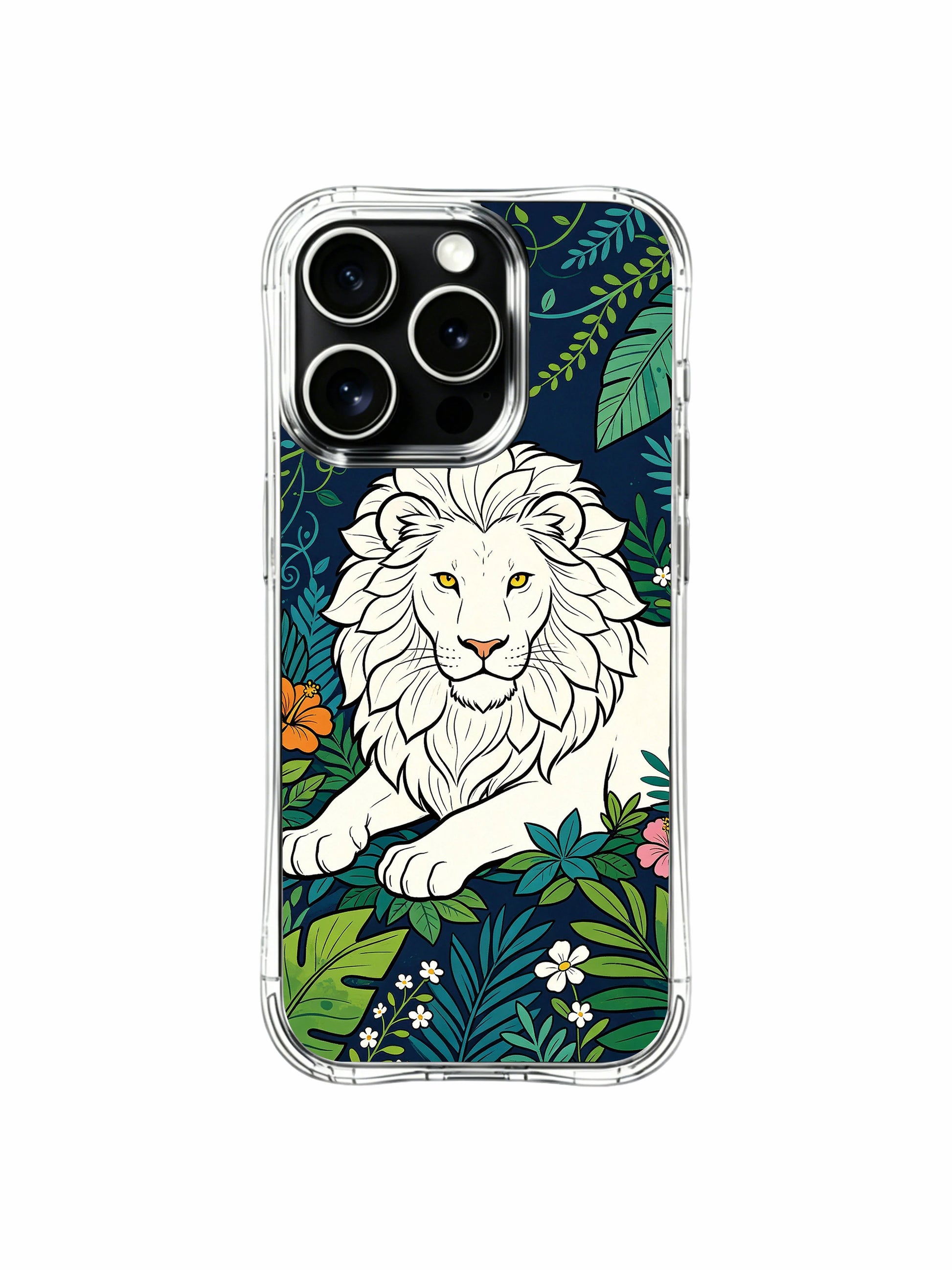 Center-focused calm regal lion gaze resting inside blooming tropical garden iPhone 13 pro Case from PhoneCasing, reinforced drop-proof iPhone 13 pro casing wrapped around varied garden foliage, courage-inspired statement art phone cover.