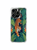 Center-focused confident prowling tiger navigating leaf archways of a hidden tropical palace iPhone 13 pro Case from PhoneCasing, reinforced drop-proof iPhone 13 pro casing wrapped around varied rainforest foliage, courage-inspired statement art phone cover.