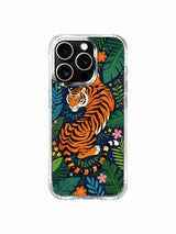 Center-focused stoic guardian tiger resting amid dense flower-wreathed tropical sanctuary foliage iPhone 13 pro Case from PhoneCasing, reinforced drop-proof iPhone 13 pro casing wrapped around multi-type jungle leaves, courage-inspired statement art phone cover.
