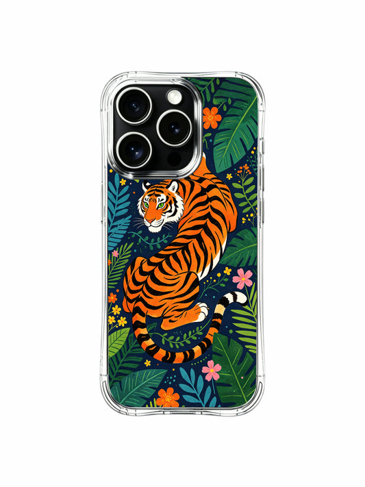 Center-focused stoic guardian tiger resting amid dense flower-wreathed tropical sanctuary foliage iPhone 13 pro Case from PhoneCasing, reinforced drop-proof iPhone 13 pro casing wrapped around multi-type jungle leaves, courage-inspired statement art phone cover.