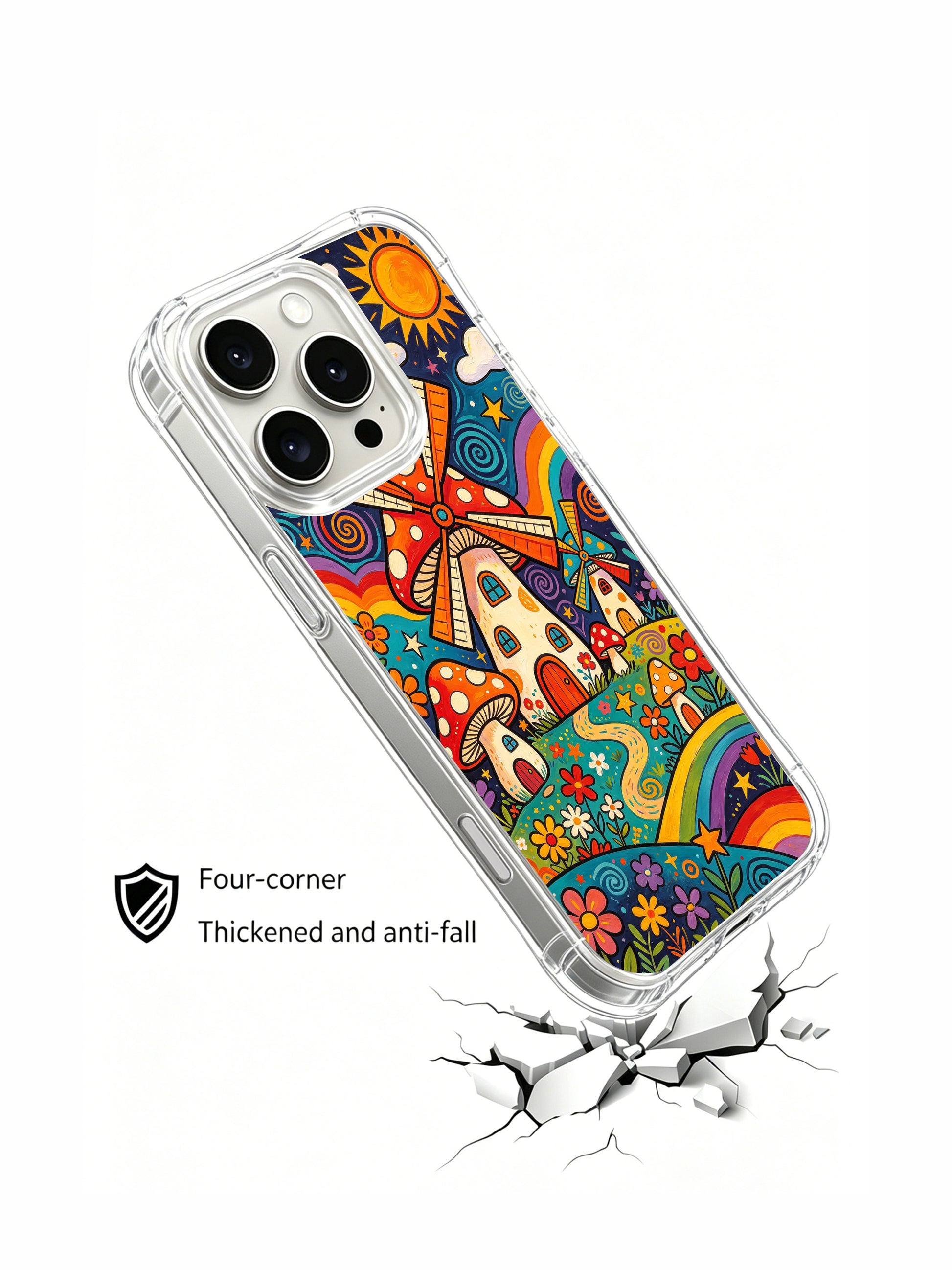 PhoneCasing iPhone 16 pro max Case, four-corner reinforced anti-shock bespoke casing packed with central spiral-pattern windmill mushroom house surrounded by multi-size spotted fungi, swirling colorful terrain & assorted garden blooms, collectible hippie folk art phone casing for daily use.