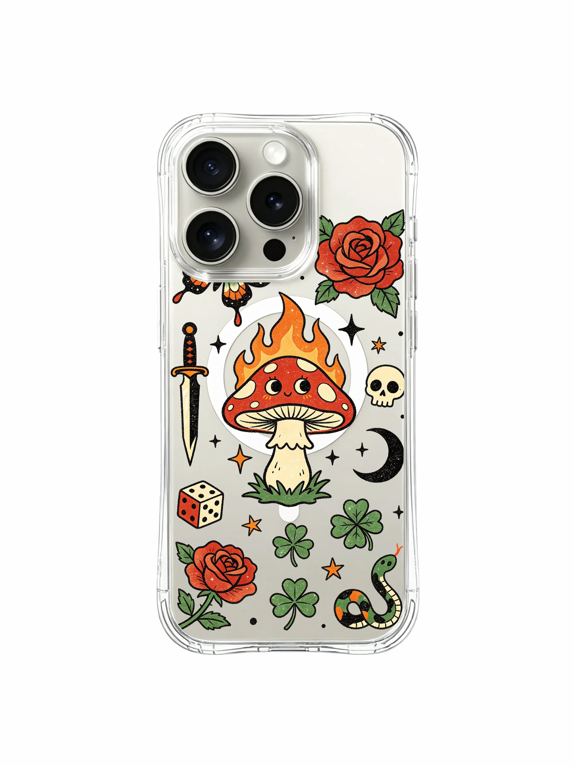 PhoneCasing iPhone 15 pro Case core centered flame fortune mushroom encircled by dice, clover and dual roses, gift-ready luxury transparent iPhone 15 pro casing.