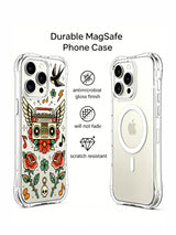 Winged boombox with stars, skull charm and roses artwork on an iPhone 15 Pro case