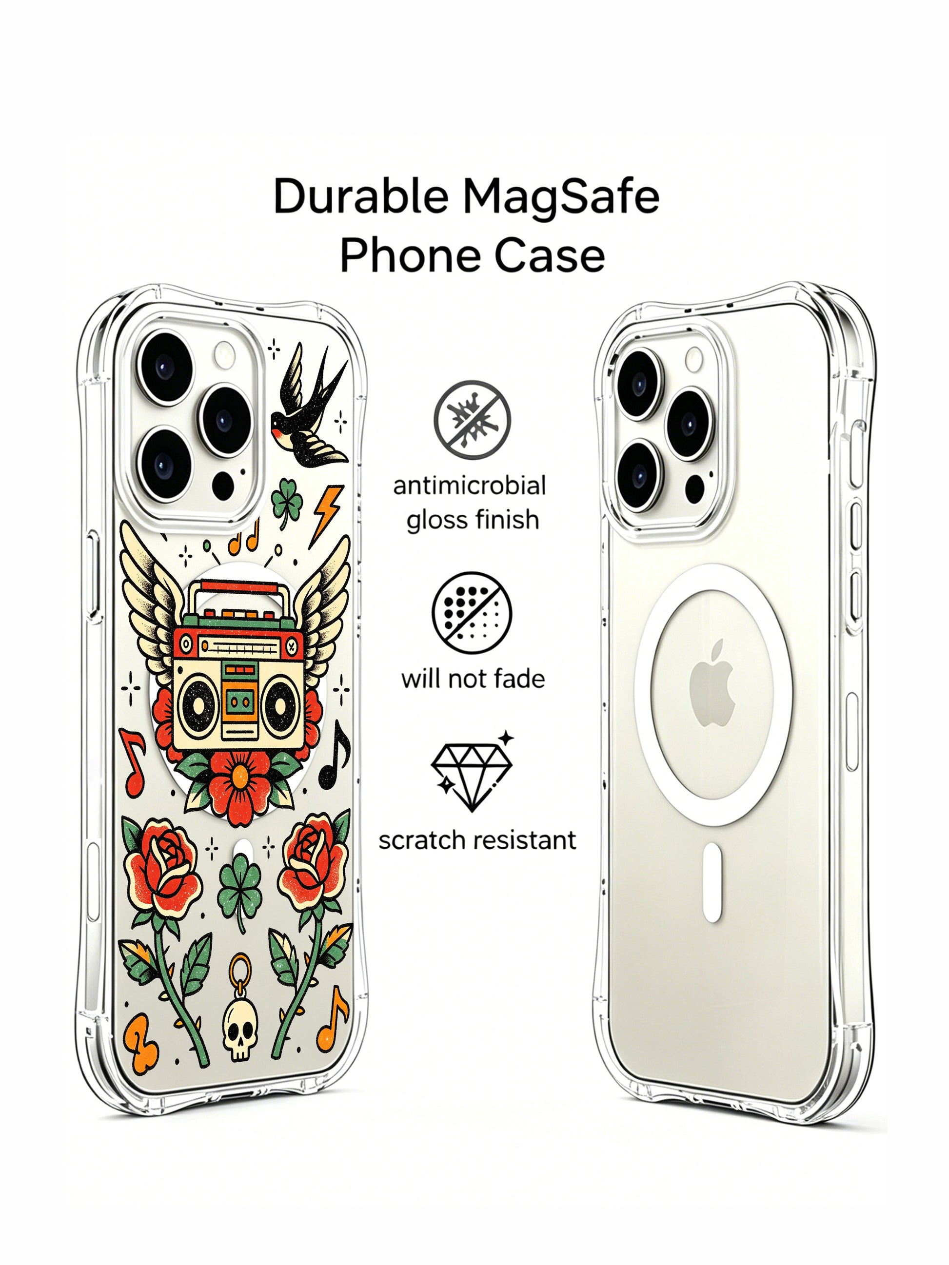 PhoneCasing iPhone 15 pro Case with core winged boombox, scattered starbursts, hanging skull charm and layered rose clusters, fade-proof wearable art phone casing ideal as women’s gift.