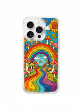 PhoneCasing iPhone 16 pro max Case, limited Luna Moss artist collab clear art casing centered on grand arch rainbow gateway leading into enchanted mushroom woodland, bright sunflowers frame curved rainbow trail under dotted star blue sky, vintage 70s psychedelic folk artwork crafted in California.