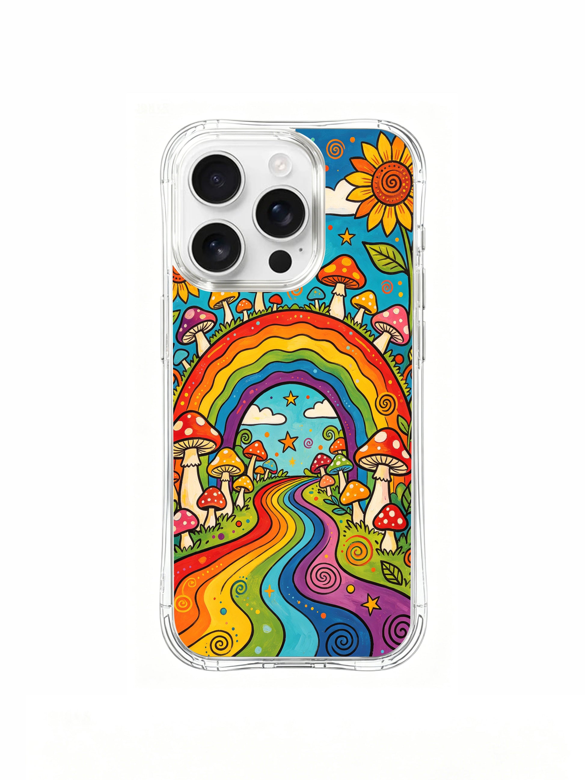 PhoneCasing iPhone 16 pro max Case, limited Luna Moss artist collab clear art casing centered on grand arch rainbow gateway leading into enchanted mushroom woodland, bright sunflowers frame curved rainbow trail under dotted star blue sky, vintage 70s psychedelic folk artwork crafted in California.