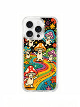 PhoneCasing iPhone 16 pro max Case, limited Luna Moss artist collab fine art casing featuring oversized lead spotted mushroom leading cheerful fungi crew dancing along curvy rainbow grass trail, gallery-grade wearable art manufactured in California for retro folk art female buyers