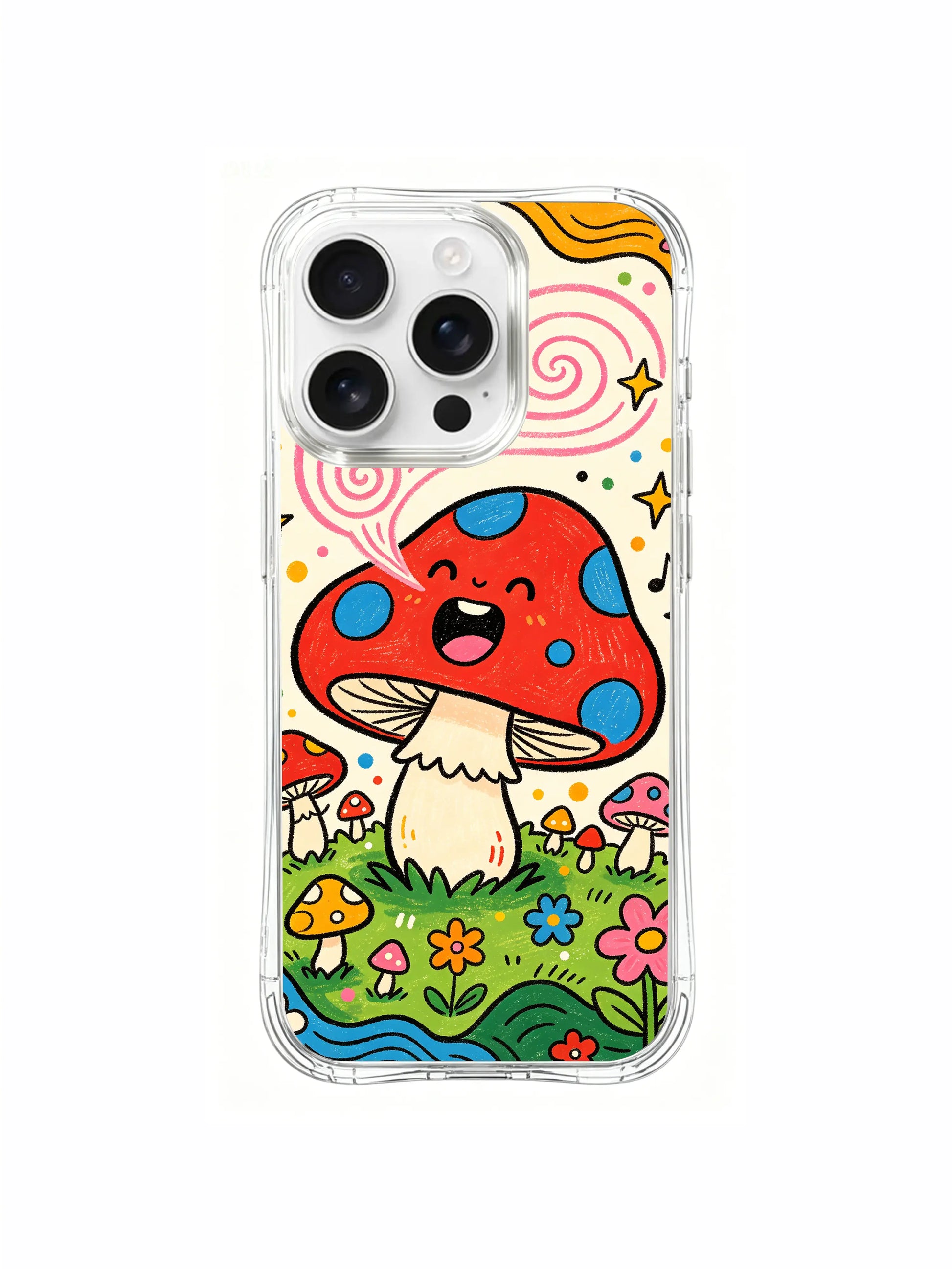 PhoneCasing iPhone 16 pro max Case, premium protective fine art casing centered on giant singing red spotted fly agaric with scattered golden stars all over backdrop, exclusive artist collab illustrated casing