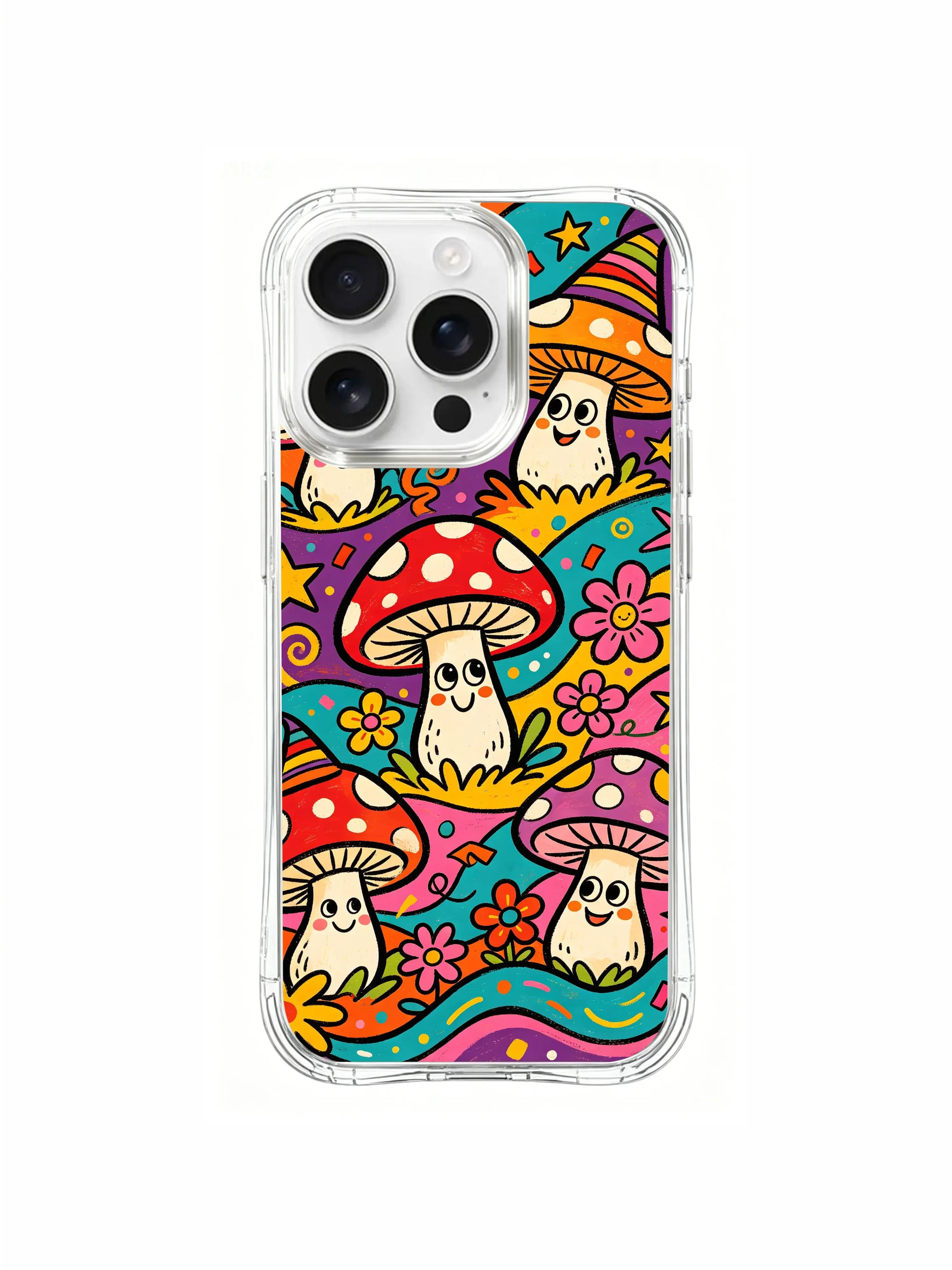 PhoneCasing iPhone 16 pro max Case, cottage psychedelic art casing anchoring central clown mushroom troop as core carnival procession, marching inside a cheerful hidden fairy woodland, US factory durable clear art phone casing.