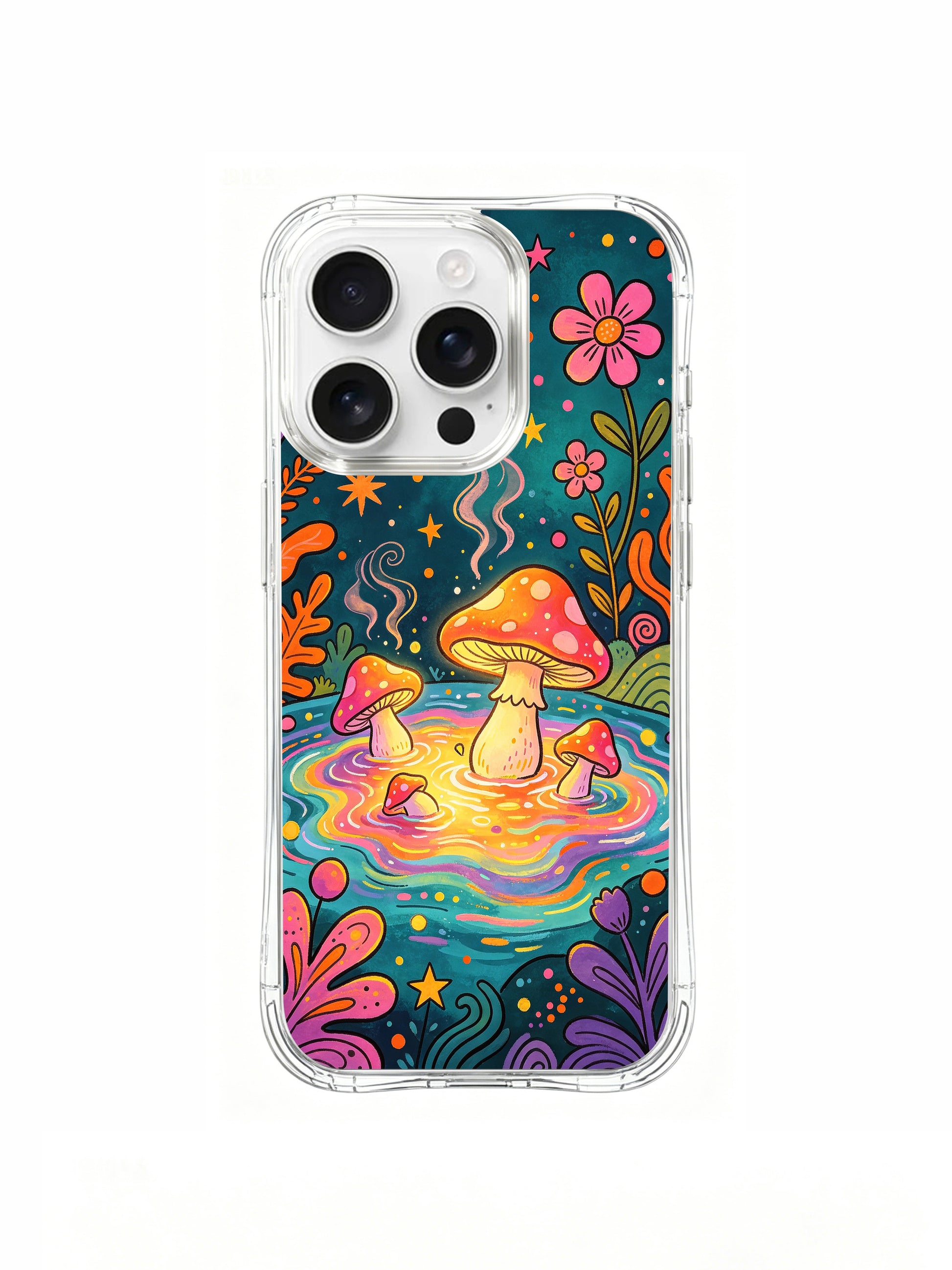 PhoneCasing iPhone 16 pro max Case, limited Luna Moss artist collab clear art case featuring glowing spotted amanita mushrooms soaking in iridescent rainbow hot spring, swirling pastel mist & scattered star dots on dark teal enchanted woodland night, vintage 70s psychedelic folk artwork made in California.